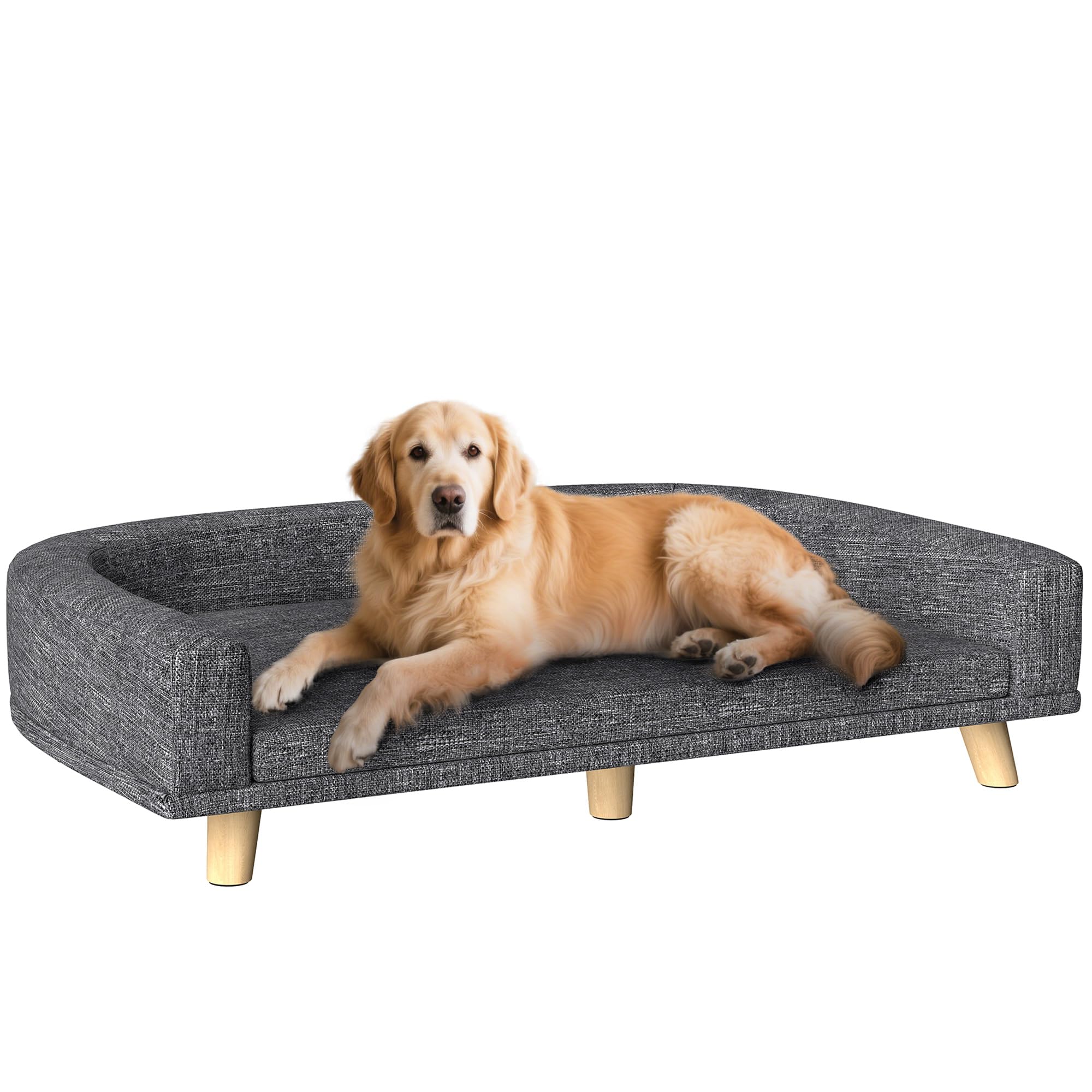 PawHut Sofá para Perros Grandes, 98x67x25 cm, Cama Elevada para Perros Tapizada con Cojín Lavable y Patas de Madera de Pino, Carga 40 kg, Gris Oscuro