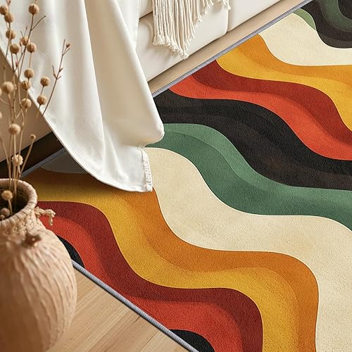 Miniatura 3 de Alfombra de los años 70 de 8 x 10 a 7 x 9 pulgadas, alfombras de sala de estar con ondas retro, alfombras vintage con remolinos para dormitorio,