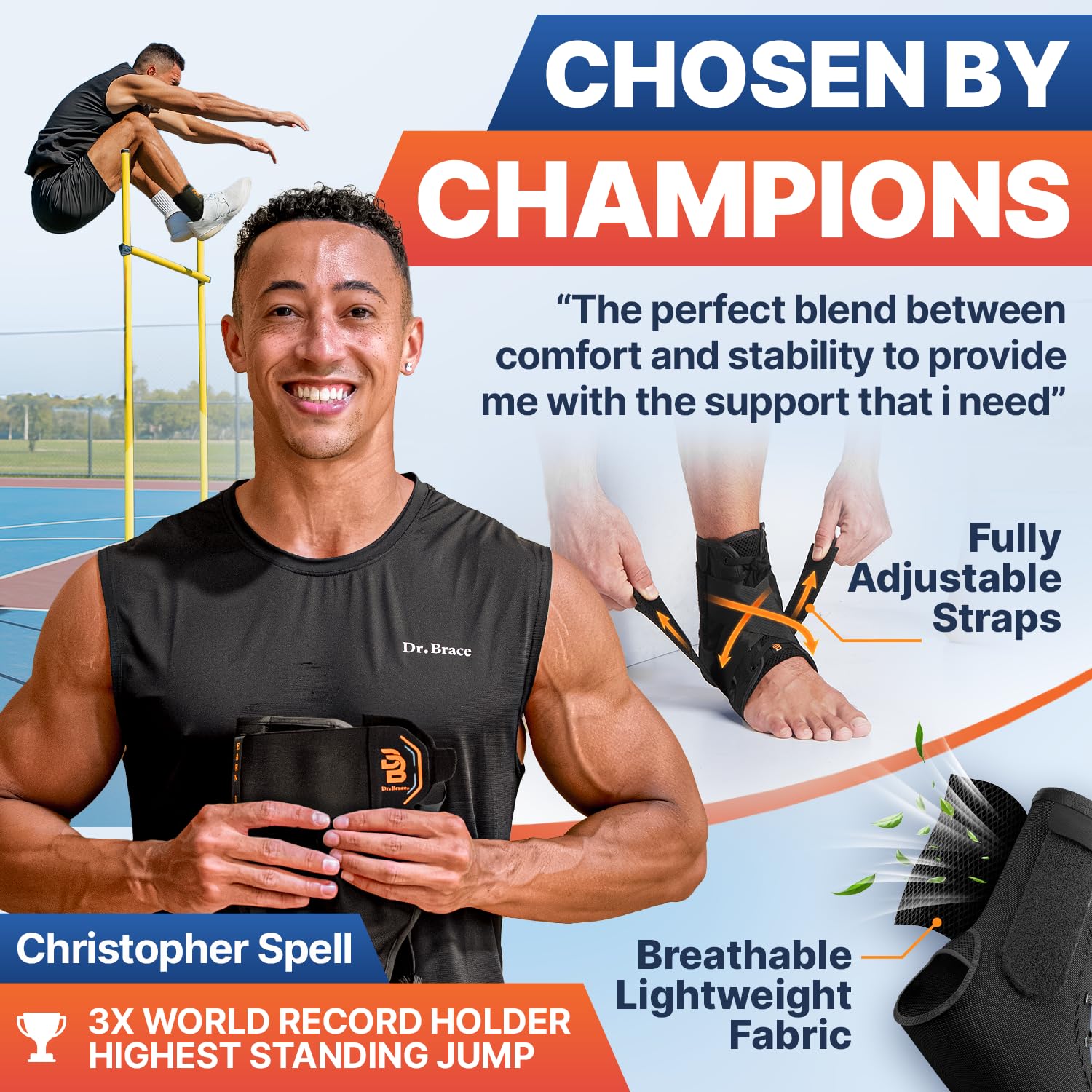 Dr. Brace®️ Breathable Ankle Brace For Sprained Ankle, Slim Fit. Unique Multi-Function Removable Stabilizer- Quick Lace Up Ankle Support for Women Men, Easy to use for Injury, Sprain, Sports (Black, Medium)