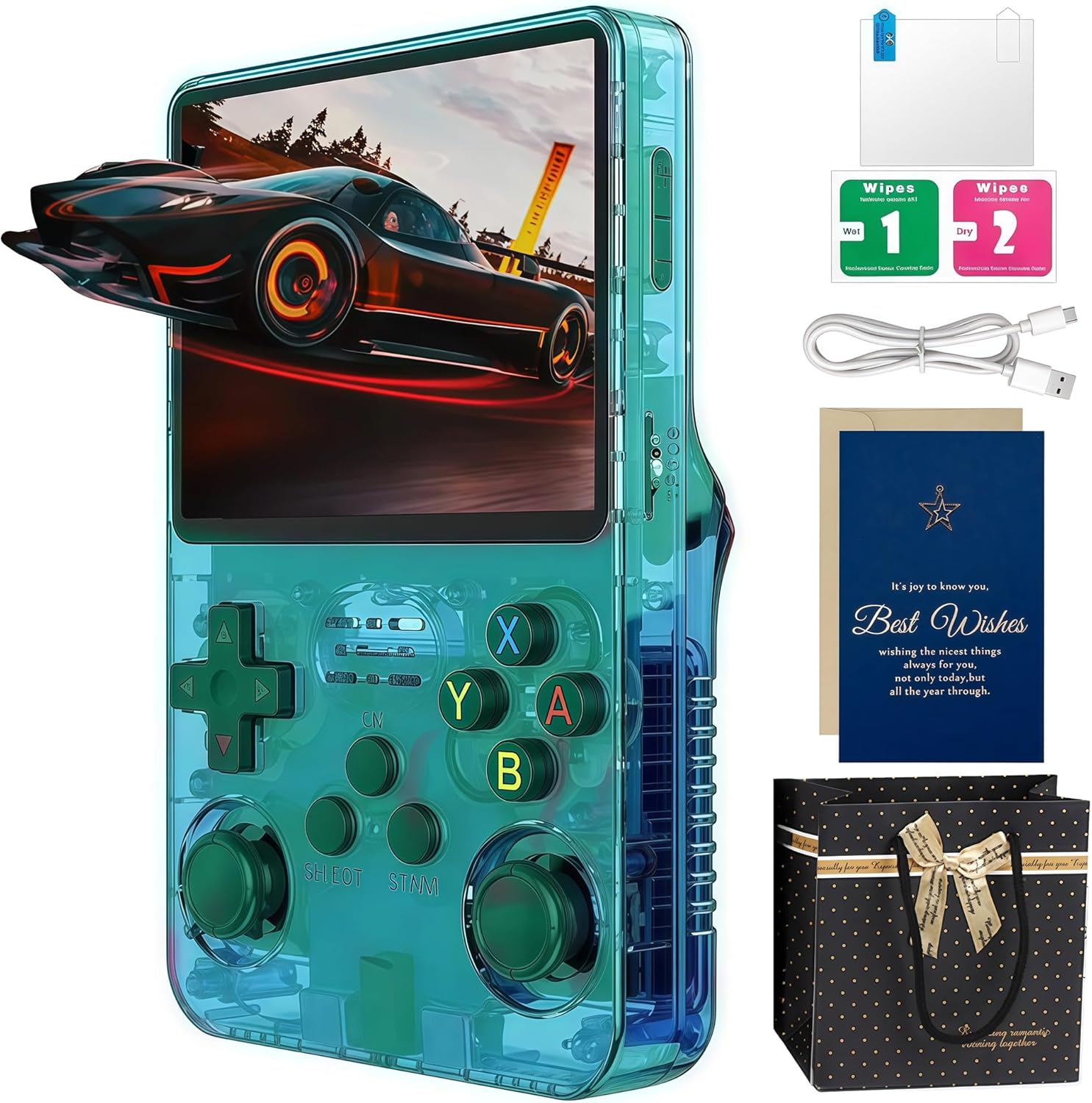 R36s Handheld Game Console Christmas Set (with Christmas Card & Bag) | 3.5 Inch IPS,128GB TF Card,21000+ Retro Games | Ready-to-Give Present for Adults (Green Gift Set)
