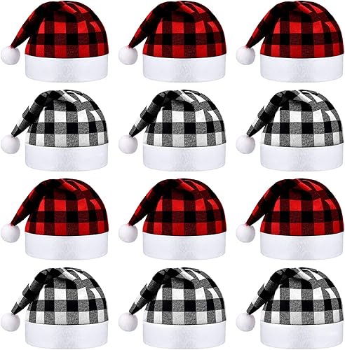 Skylety 12 sombreros de Navidad de búfalo a cuadros de Papá Noel, sombrero de tela no tejida de Navidad para fiesta de Navidad