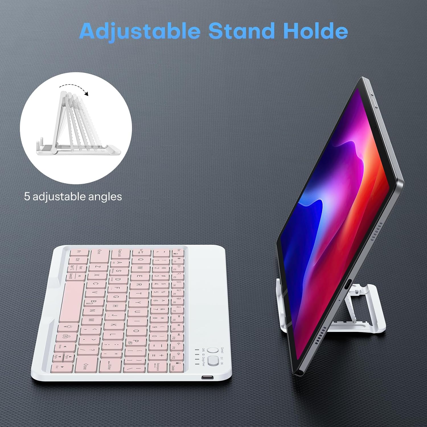 OMOTON Rechargeable Bluetooth Keyboard Tablet with Backlit, Oversize Keycap | Ultra-Slim Wireless Keyboard for Samsung Tablet, iPad, Smartphone, Android/iOS/Windows, Foldable Stand, Travel Office, Pink