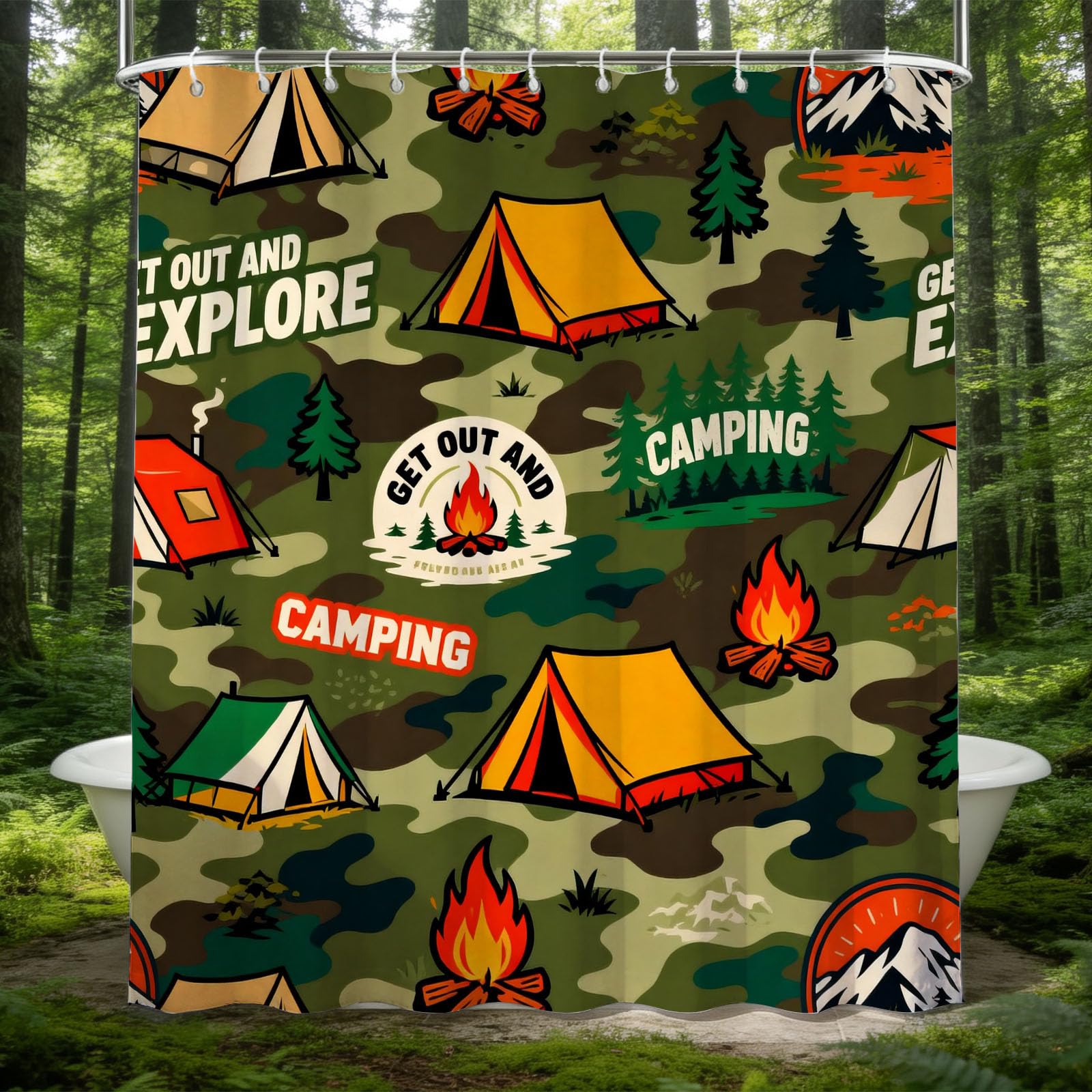 Hongduo 3D Camping Shower Curtain for Stalls Bathtubs Bonfire Bathroom Decor Shower Curtain Set Polyester Fabric Waterproof 200x200cm/79X79 Inch with Hooks