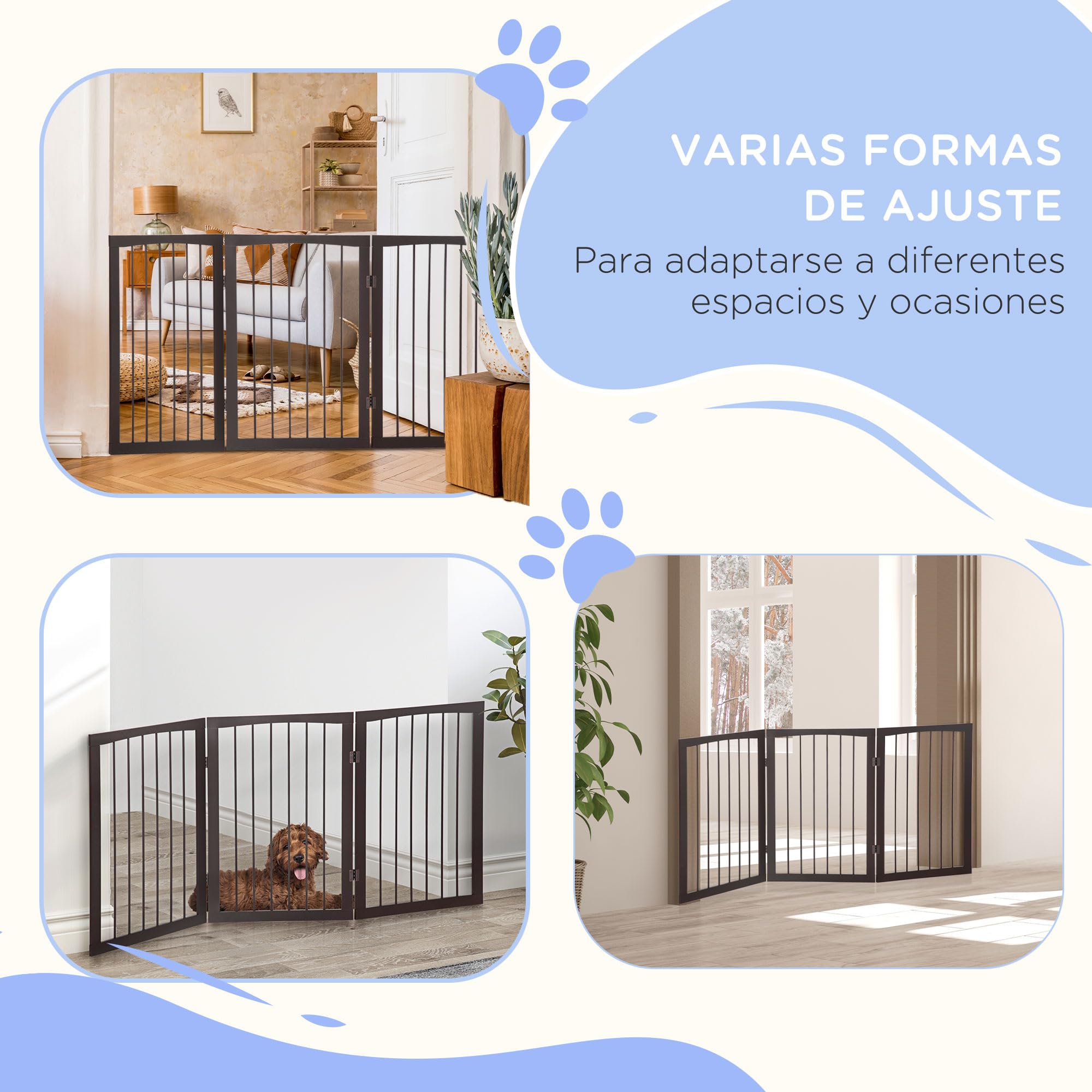PawHut Barrera de Seguridad Plegable de 3 Paneles Rejilla de Protección para Perros Pequeños 160x76 cm Ideal para Puertas, Pasillos y Escaleras Café Oscuro