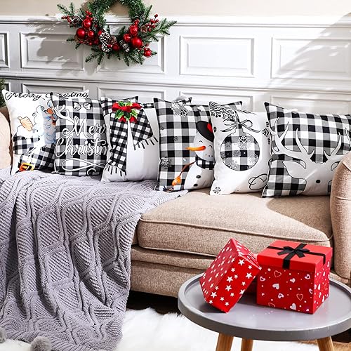 Miniatura 8 de 6 fundas de almohada de Navidad de 18 x 18 pulgadas, fundas de almohada a cuadros de búfalo de Navidad, funda de almohada para Navidad, invierno,