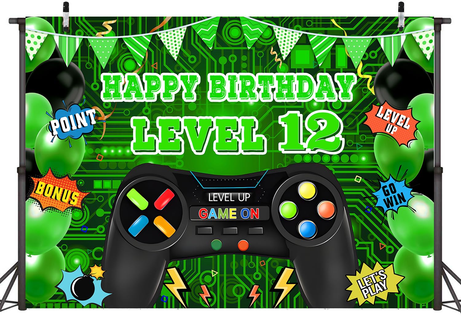 LTDKAEN Video Game Theme Birthday Backdrop Level Up 12 Game Birthday Photography Background Photo Studio Booth Props 7x5ft