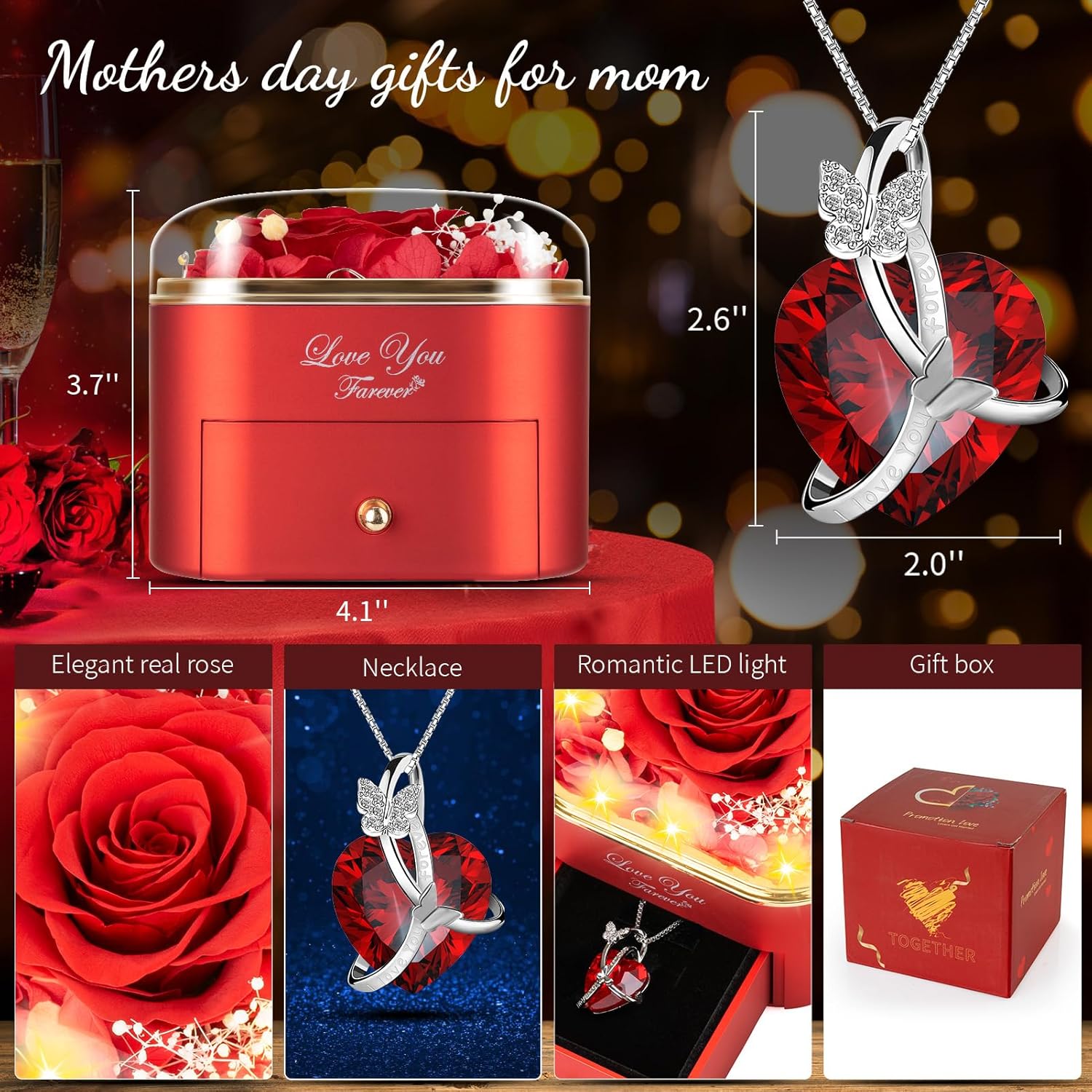 Preserved Red Real Rose with Necklace Jewelry Box -Eternal Flowers Rose Gifts for Grandma Wife Girlfriend on Valentines Mothers Day Christmas Birthday Anniversary Romantic Gifts for Her - Image 2
