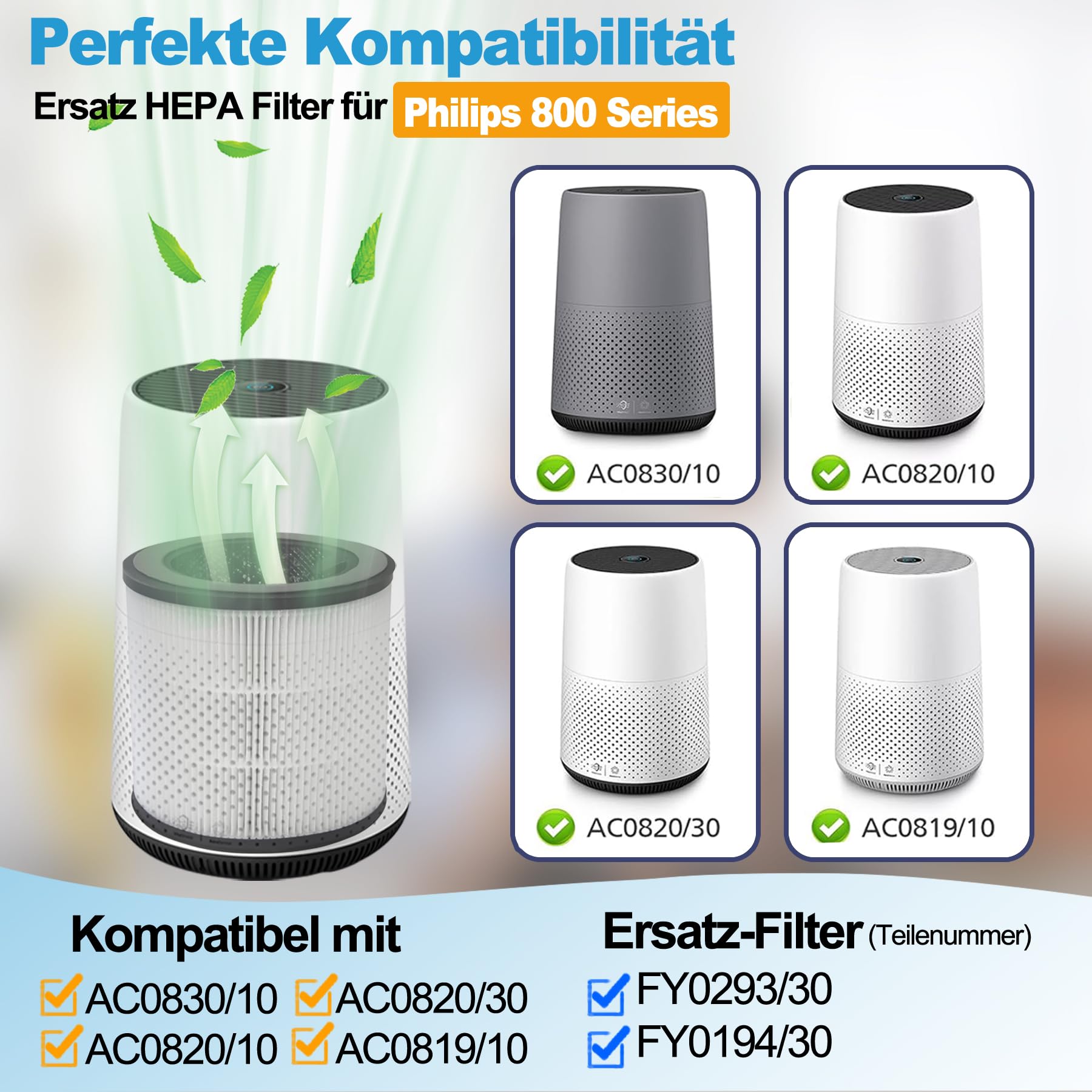 Filtr HEPA kompatybilny z Philips serii 800, oczyszczacz powietrza, AC0820/10 AC0820/30 AC0830/10 AC0819/10, zamiennik FY0293/30 i FY0194/30 H13 True HEPA i filtr z węglem aktywnym, 2 sztuki