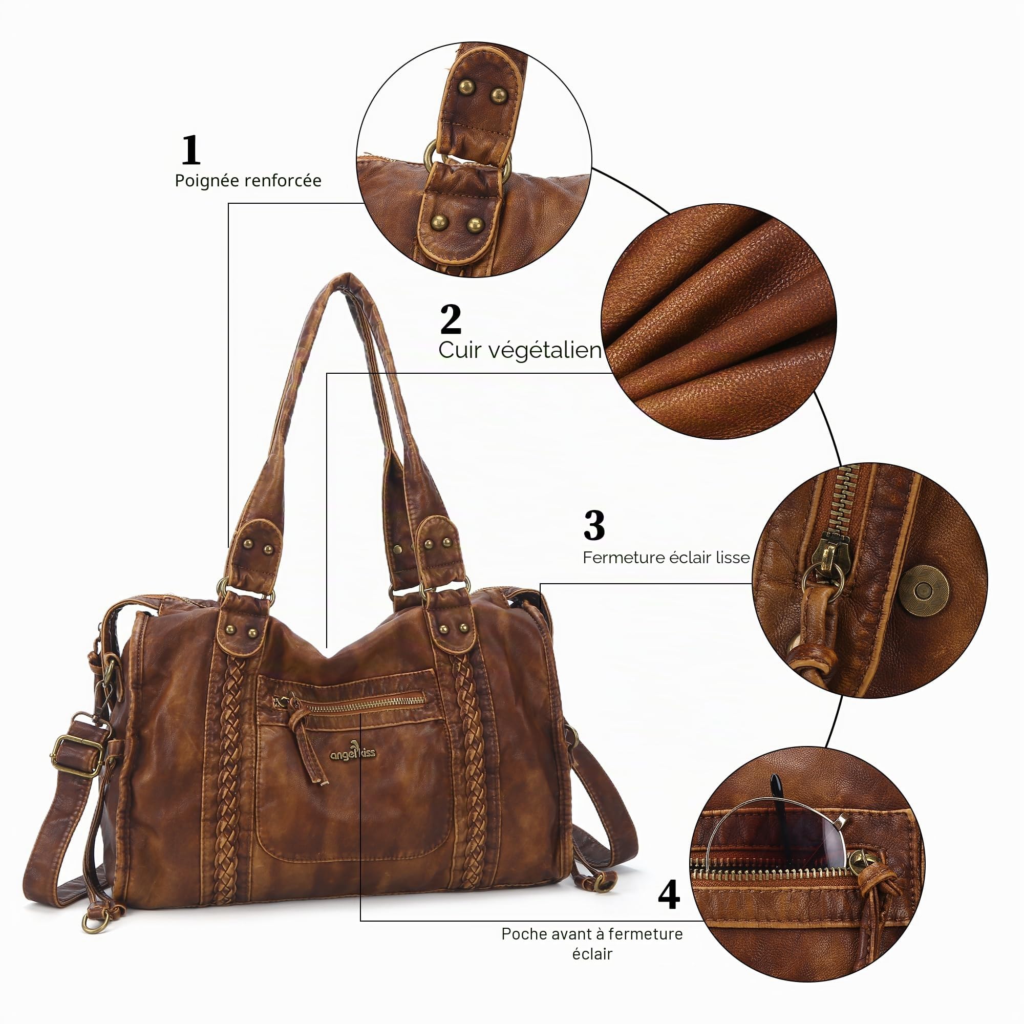 Angel Kiss Sacs Hobo pour femme en cuir végétalien, grand sac à main fourre-tout, sac à bandoulière