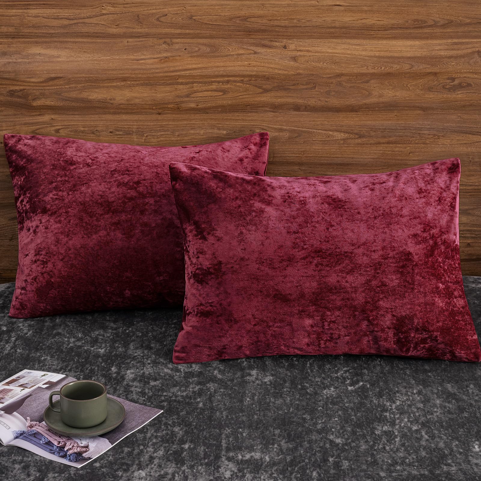 phf truly velvet pillowcases king size, no insert, 2 pack ultra soft breathable pillow shams covers with envelope closure, 20" x 36" luxury cozy warm fuzzy flannel, wine red