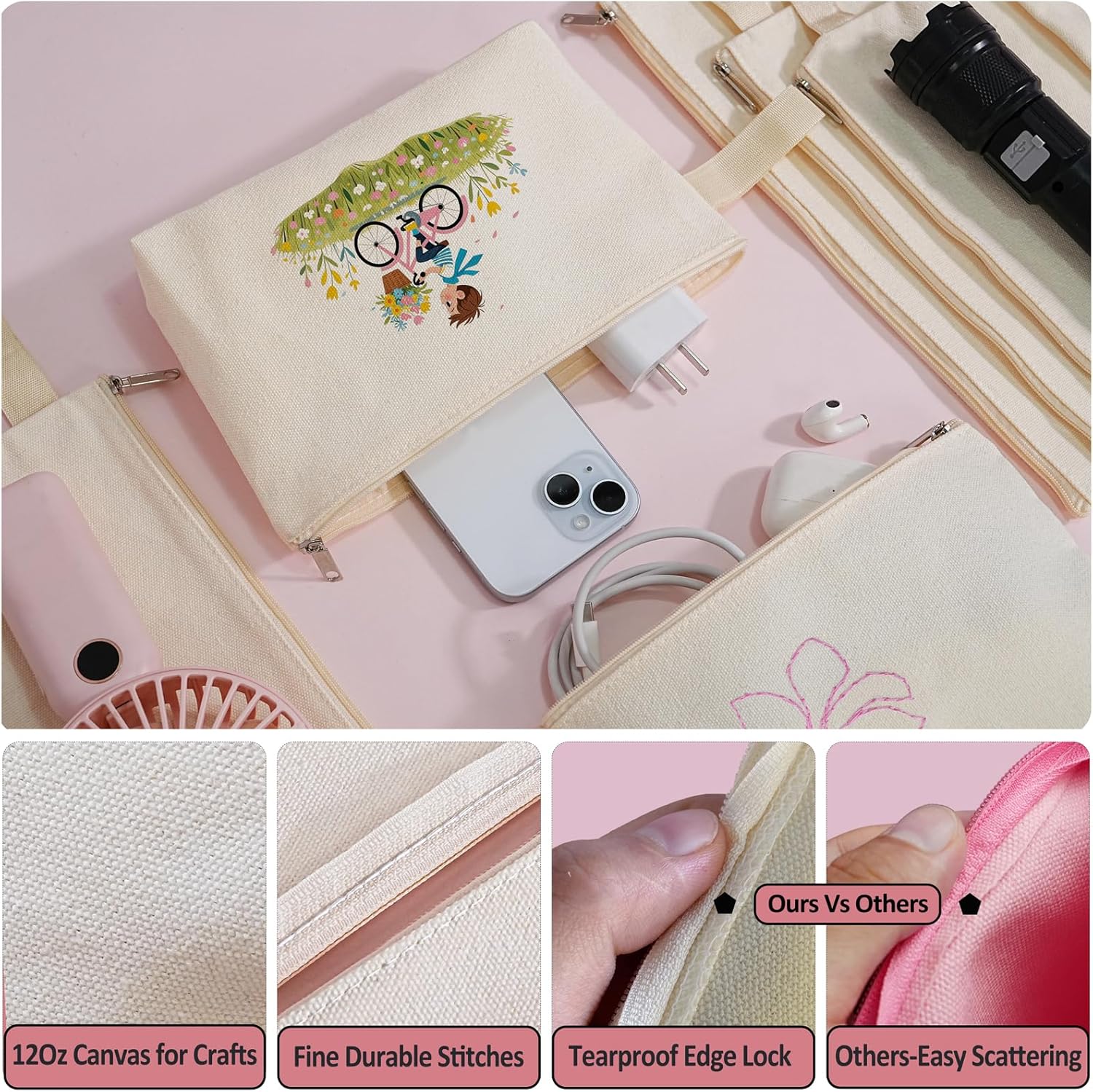 Koolmox Canvas Bags Bulk, 20 Pack 12Oz Fabric Makeup Pouch with Bottom and Nylon Strap Blank for Embroidery, Paint, Draw, Sublimation Crafts (Beige Bag w/Beige Zipper, M, 10.2x5.5x2.1'') - Image 3