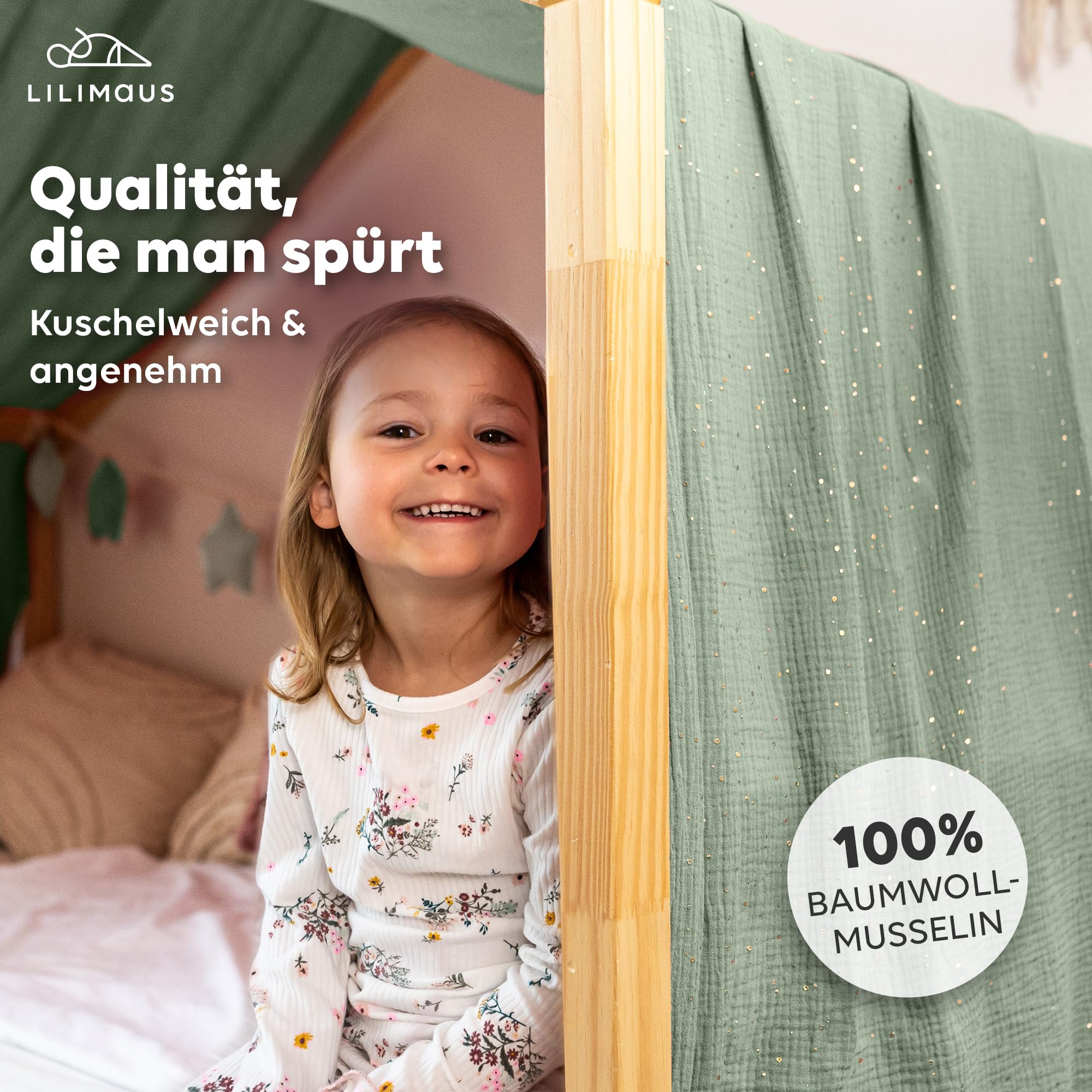 lilimaus Ciel de lit en mousseline 100 % coton fait à la main - Ciel de lit décoratif pour lit de maison fille et garçon - 100 x 200 cm - Eucalyptus