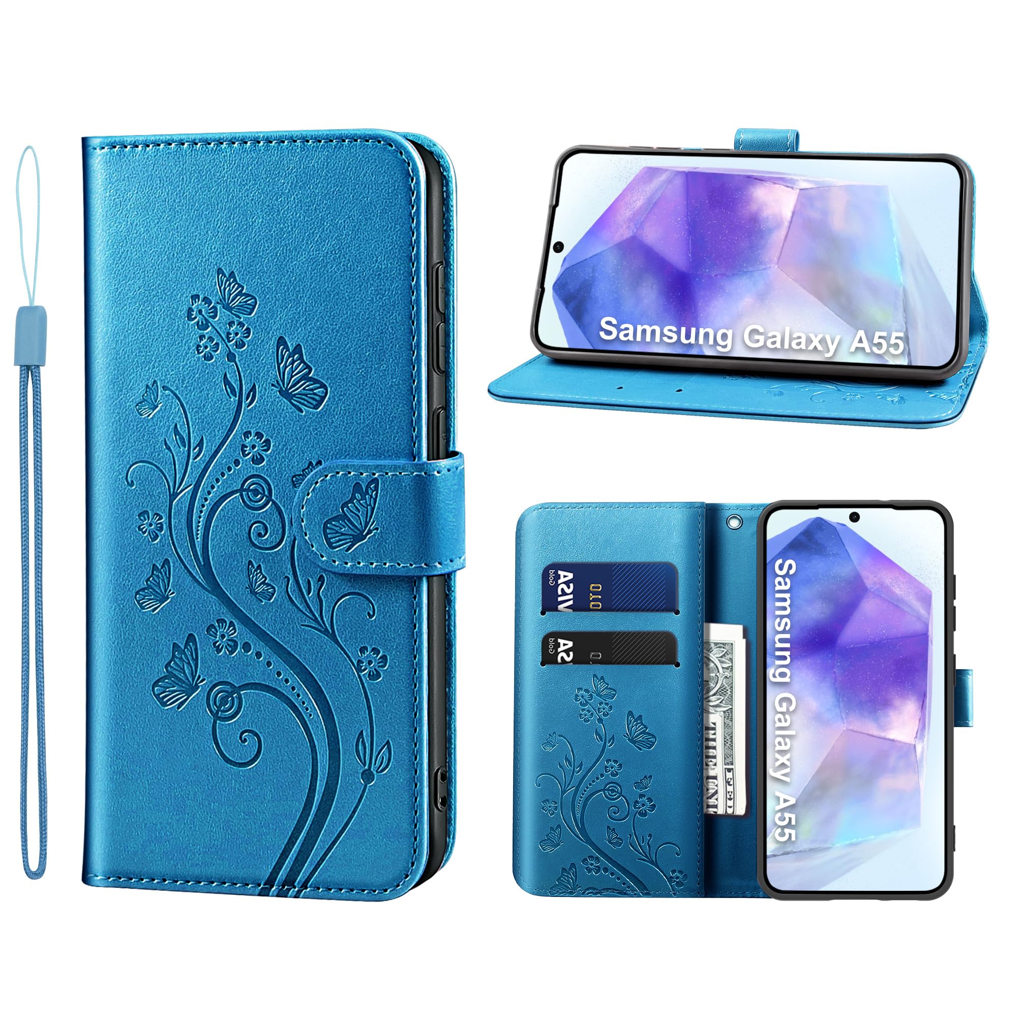 KRAFTCARE Lederhülle für Samsung Galaxy A55 Klapphülle Leder Hülle | Premium PU Leder mit Prägung, Kartenfach, Ständer, Magnetic Closure, RFID Blockierung, Flip Wallet Handyhülle, Blau