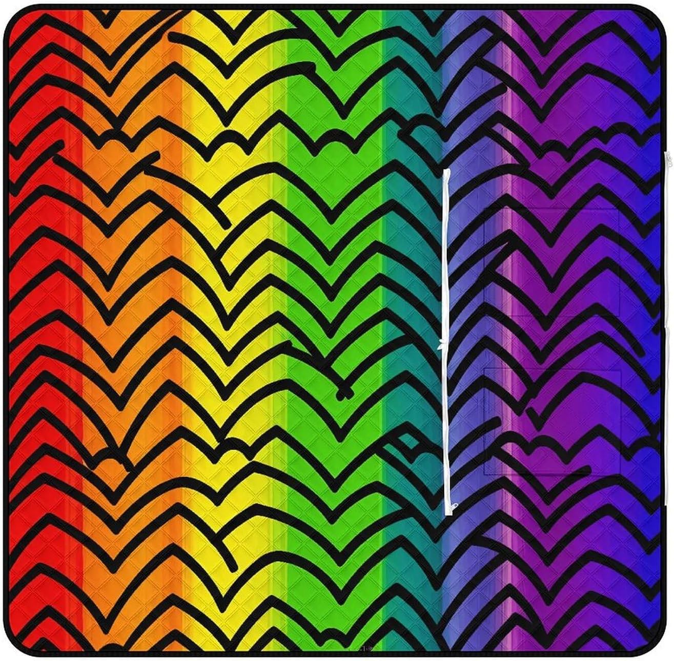 Gay Pride Rainbow Pattern Picnic Blanket with Zipper Water Resistant Sand Free Picnic Mat Washable Foldable Easy Carry Beach Blanket for Lawn Beach Hiking Camping