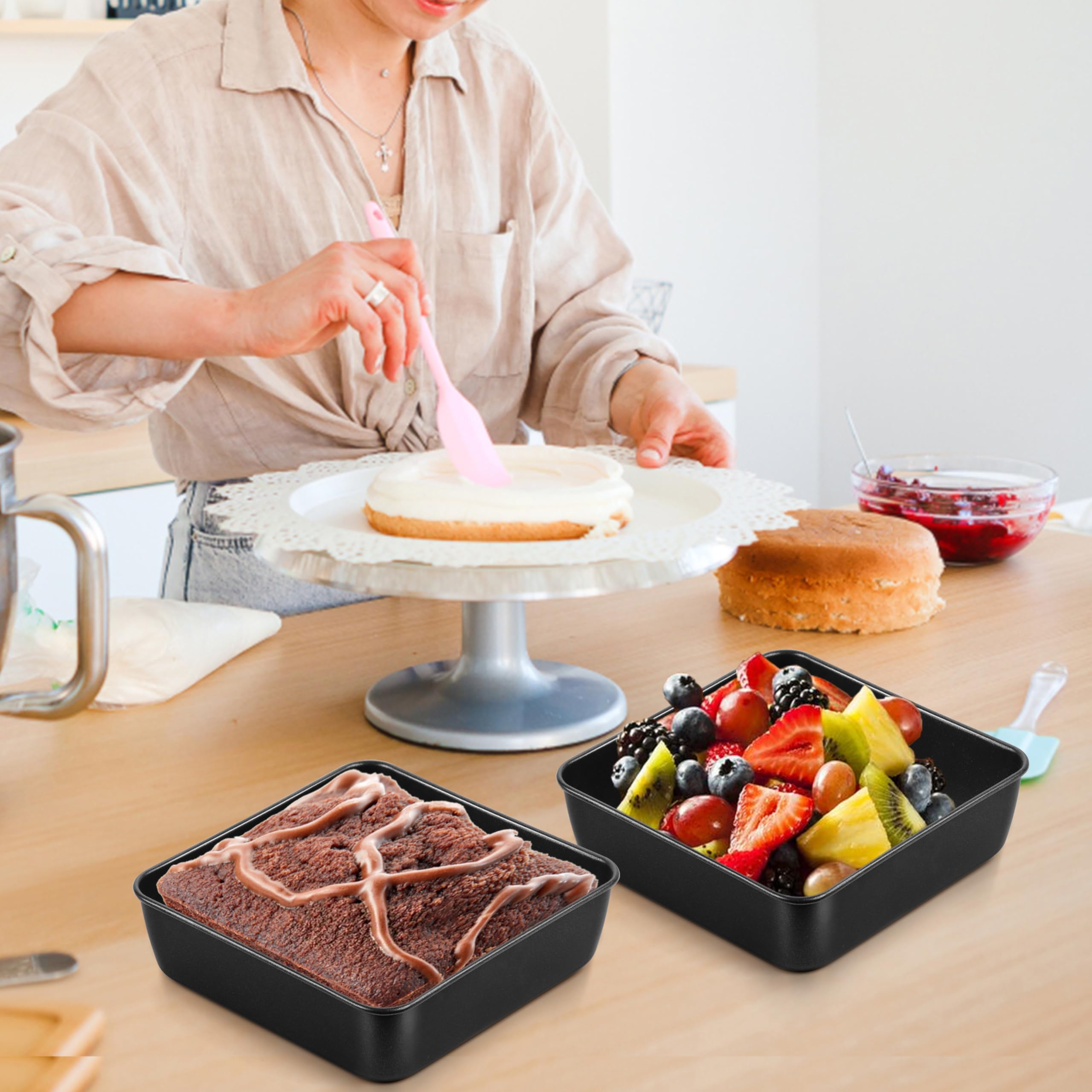 TEAMFAR Set di 2 pirottini quadrati in acciaio inox Brownie con rivestimento antiaderente, perfetti per torte lasagne brownie non tossiche, facili da pulire, 15,9 cm