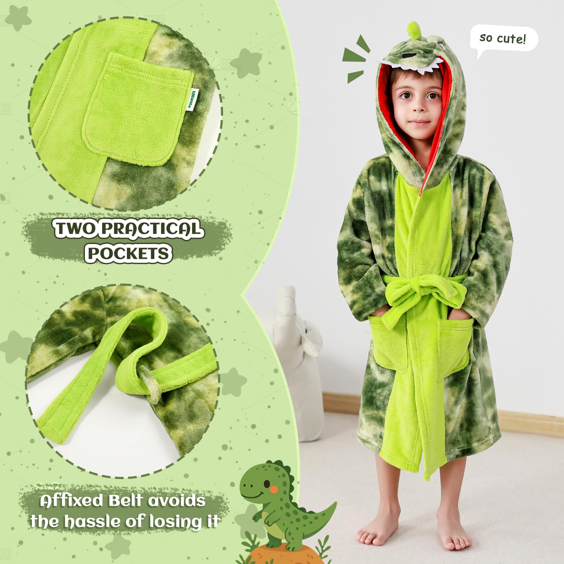LOLANTA Kinder Bademantel Dinosaurier, Flauschiger Fleece Kapuzenmantel mit Taschen, Weicher Plüsch Morgenmantel für Jungen und Mädchen (2–8 Jahre)