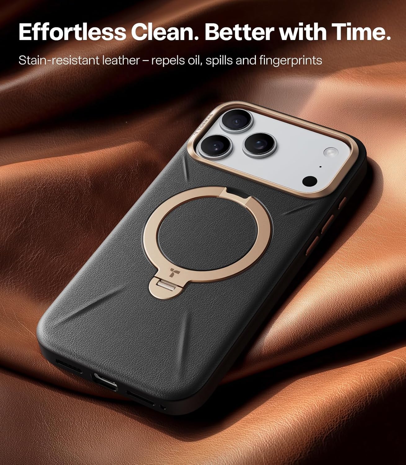TORRAS Q3 VegSkin for iPhone 17 Pro Max Case Leather, 360 Spin Magnetic Stand, Fit for MagSafe, Camera Control, Shockproof Premium Organic Silicone Leather Case for iPhone 17 Pro Max, Midnight Black