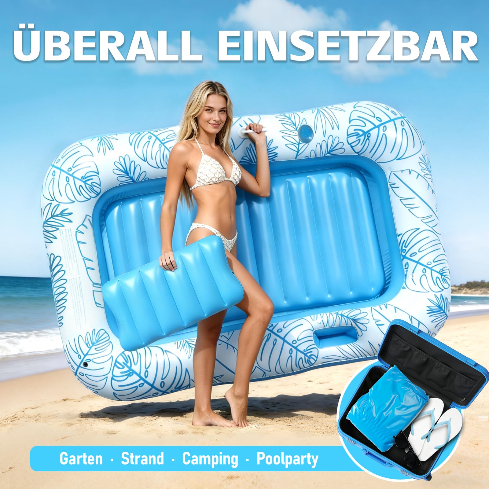 Amteker Aufblasbare Tanning Pool Bed, 70" x 46"/84" x 56"Sonnenpool Lounger Mit Kissen, Getränkehalter & Handyfach, Sonnenliege Luftmatratze Pool Erwachsene Zum Sonnen Für Garten & Strand