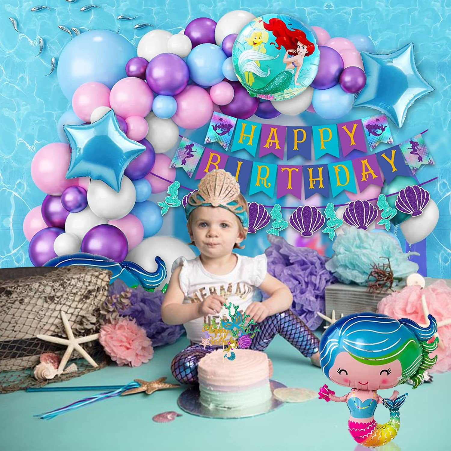 Mermaid Birthday Balloon Wreath Set - 18 Inch Shell Foil Balloons With Banner & Decorations