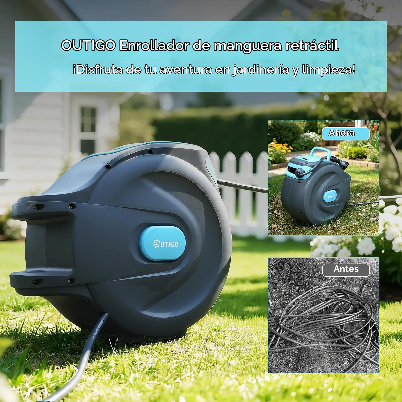 OUTIGO Carrete de Manguera 35m, Rebobinado Automático con Cierre y Soporte Giratorio de 180°, Devanador de Manguera de Agua con Boquilla de 8 Modos para Regar el Jardín y Limpiar e