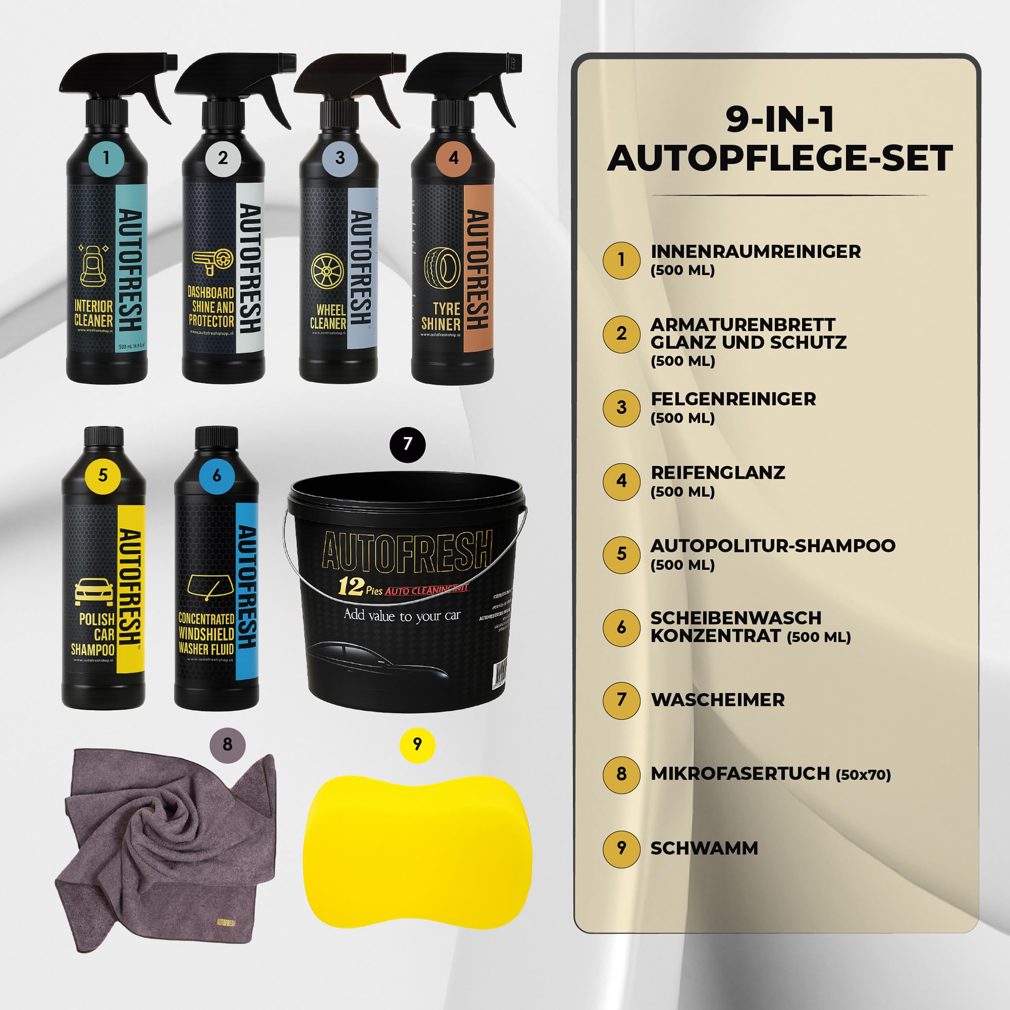 Autopflegeset 9-teilig - Auto Reinigungsset für Innen & Außen - Inkl. Felgenreiniger, Shampoo, Polsterreiniger, Cockpitspray, Reifenglanz, Schwamm & Eimer - Großes KFZ Pflege Set