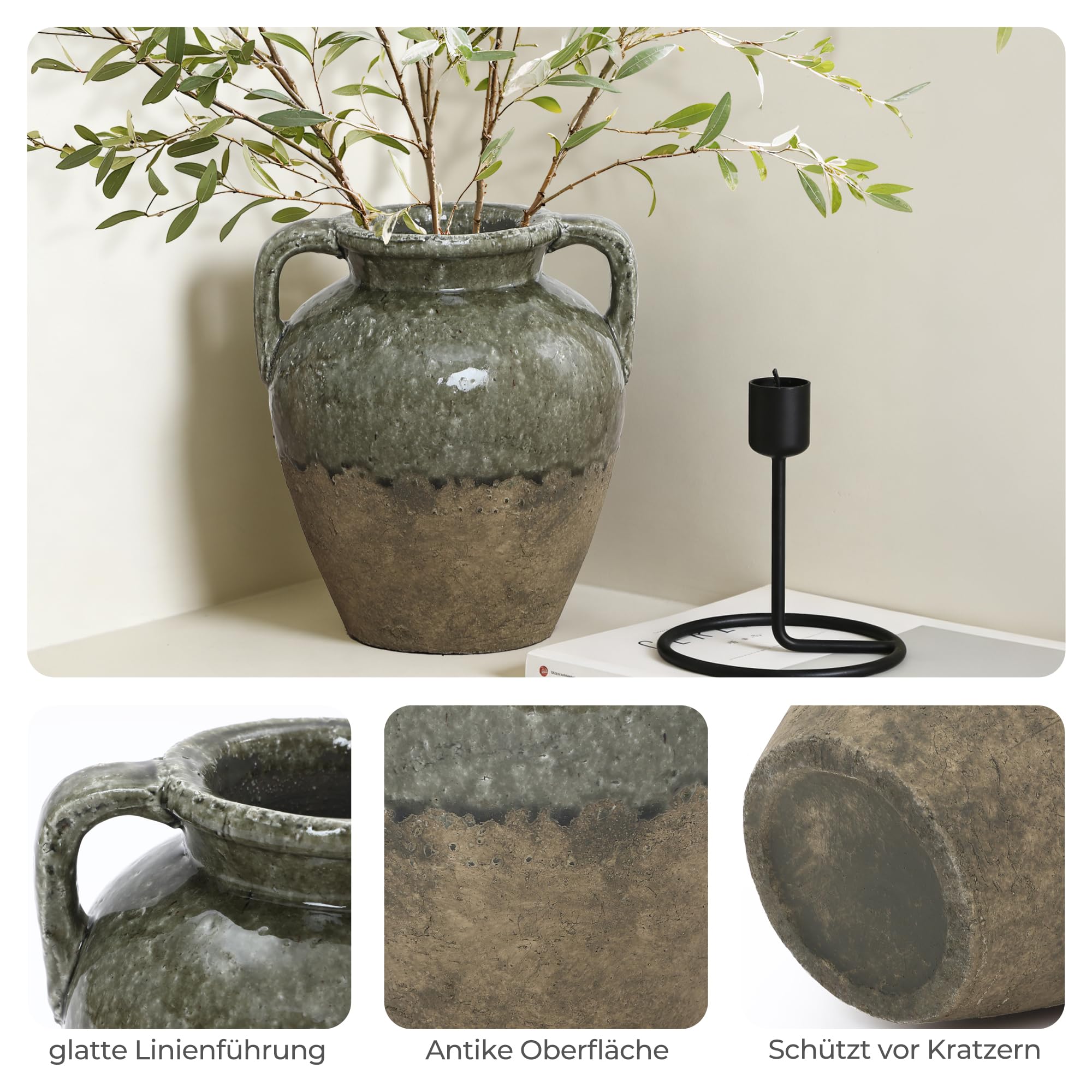 Hometopia Vintage Vase Groß aus Keramik, Zweifarbige Amphore in Moosgrün & Naturstein-Optik, Rustikale Dekovase für Herbstzweige & Trockenblumen, 29cm Höhe