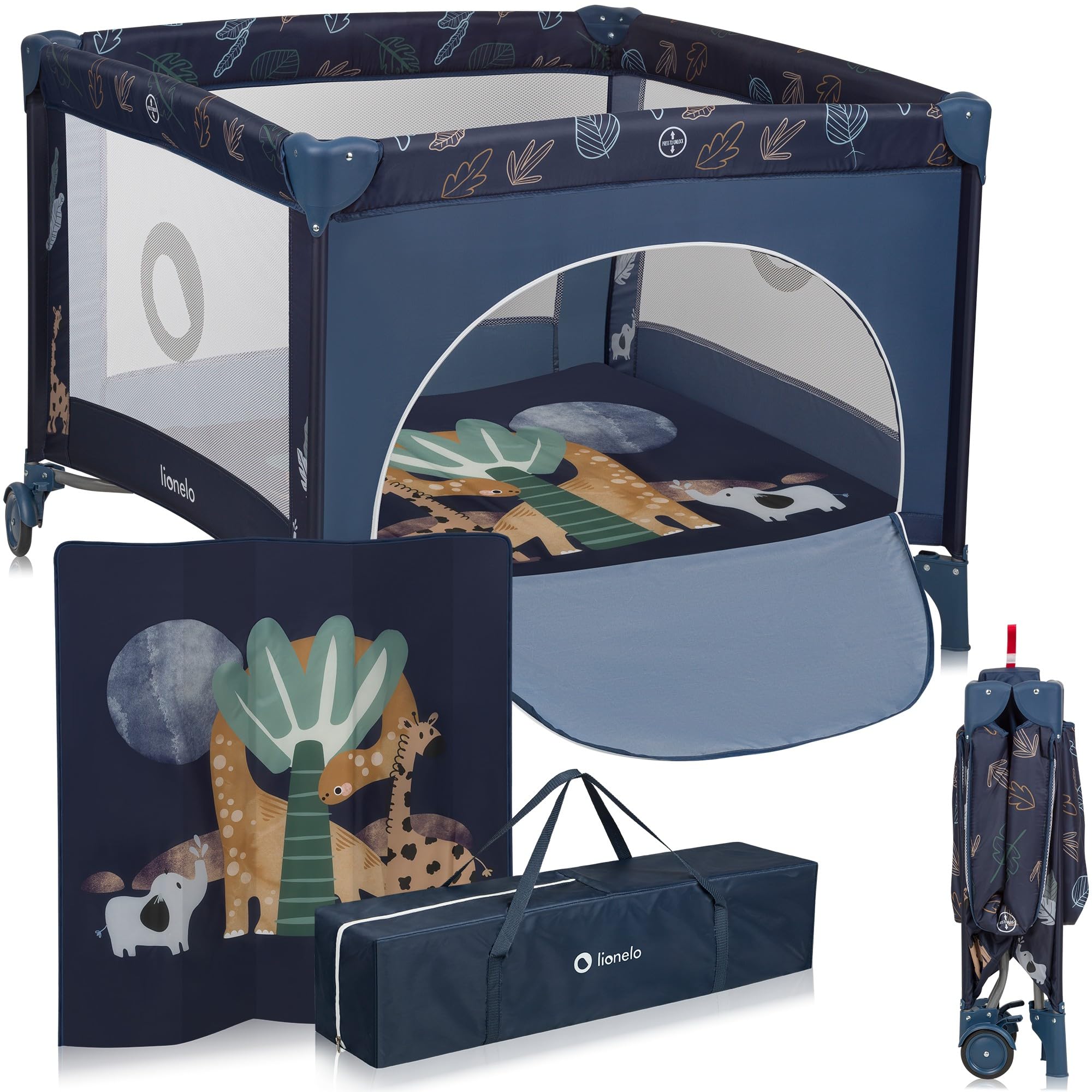 Lionelo BONNIE Box bambini pieghevole 100x100cm dalla nascita fino 15kg con materasso Lettino per neonati da viaggio senza spigoli vivi Entrata laterale Pareti realizzate in rete trasparente