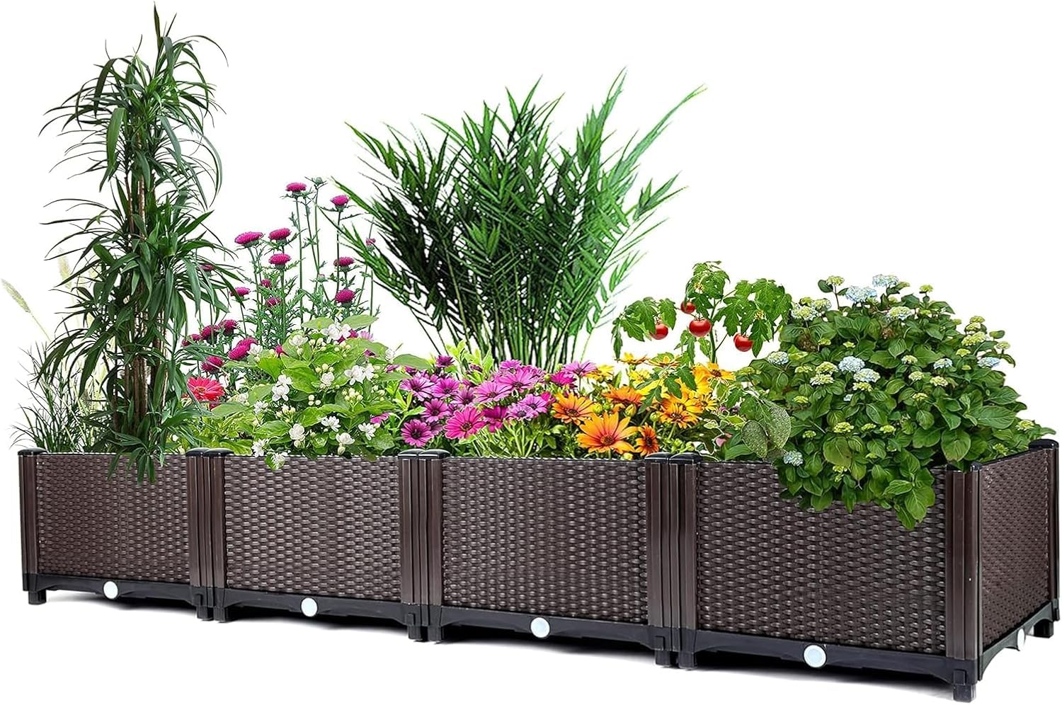 Blumenkasten mit Wasserablauf, 4 Stück Hochbeet, Rattanoptik Garten Pflanzkasten,160 * 40 * 20 cm Gemüsebeet Blumentopf Pflanzkübel für Terrasse, Garten, Eingangsbereich, Braun