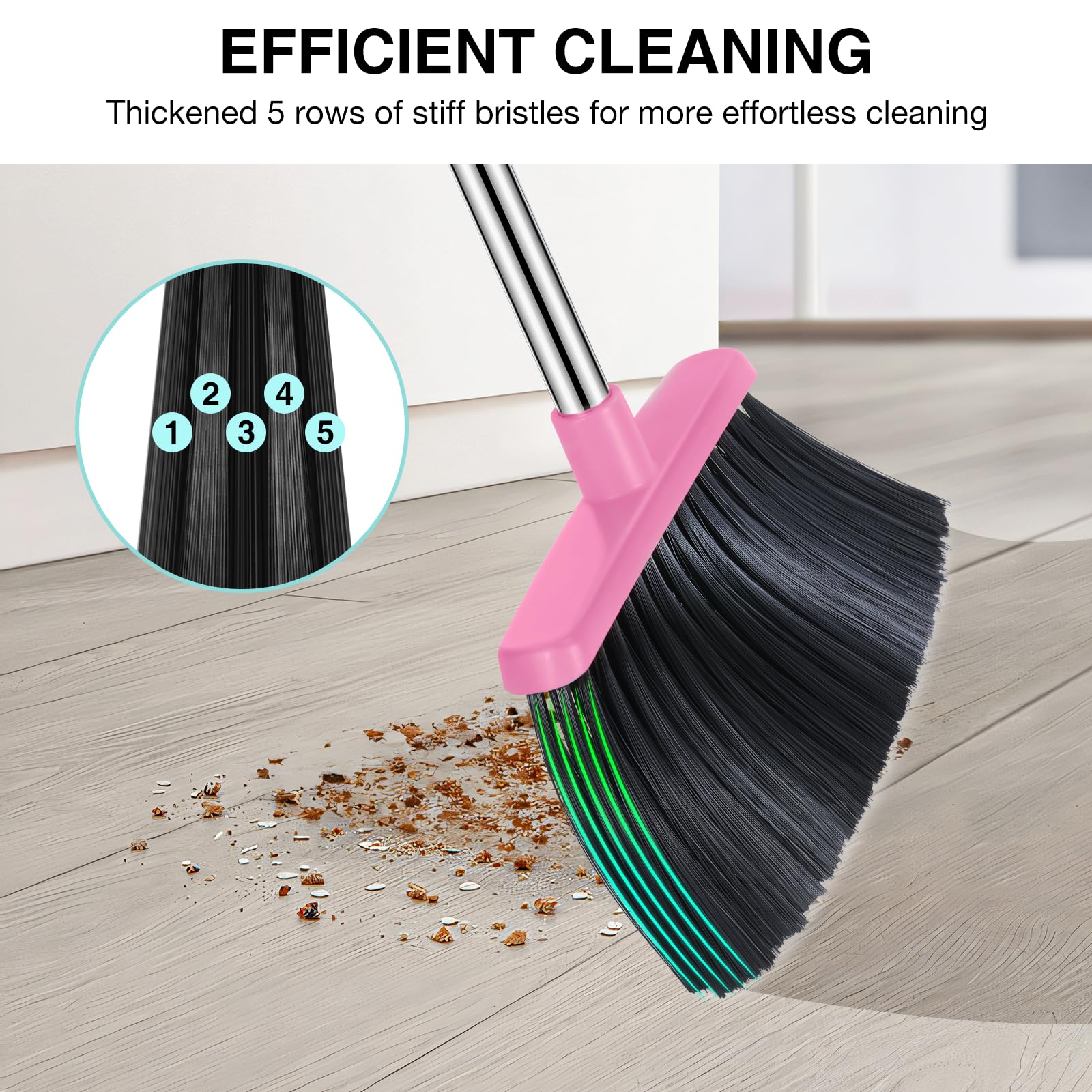 Besen- und Kehrschaufel-Set, 132,1 cm lang, verstellbarer Griff, Besen, Kehrschaufel, Kombi mit Kehrschaufelzähnen zur automatischen Haarreinigung, geeignet für Zuhause, Küche, Büro, Flur, Boden, Rosa