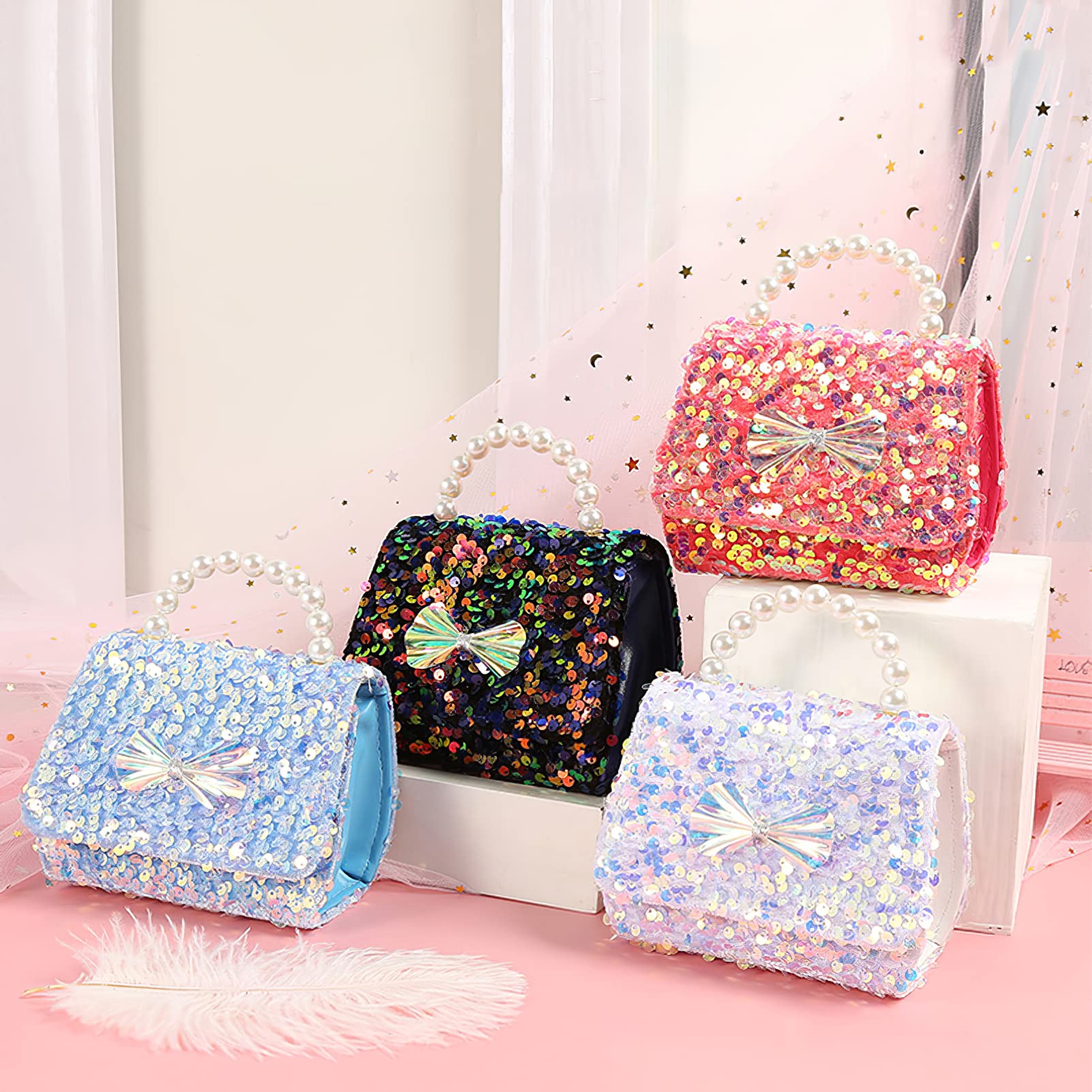 Nodo a Fiocco Borsellino per Bambine Microfibra Borsa a Tracolla Paillettes Borse a Spalla Portafoglio Glitterato Borsa con Perle per Bambini