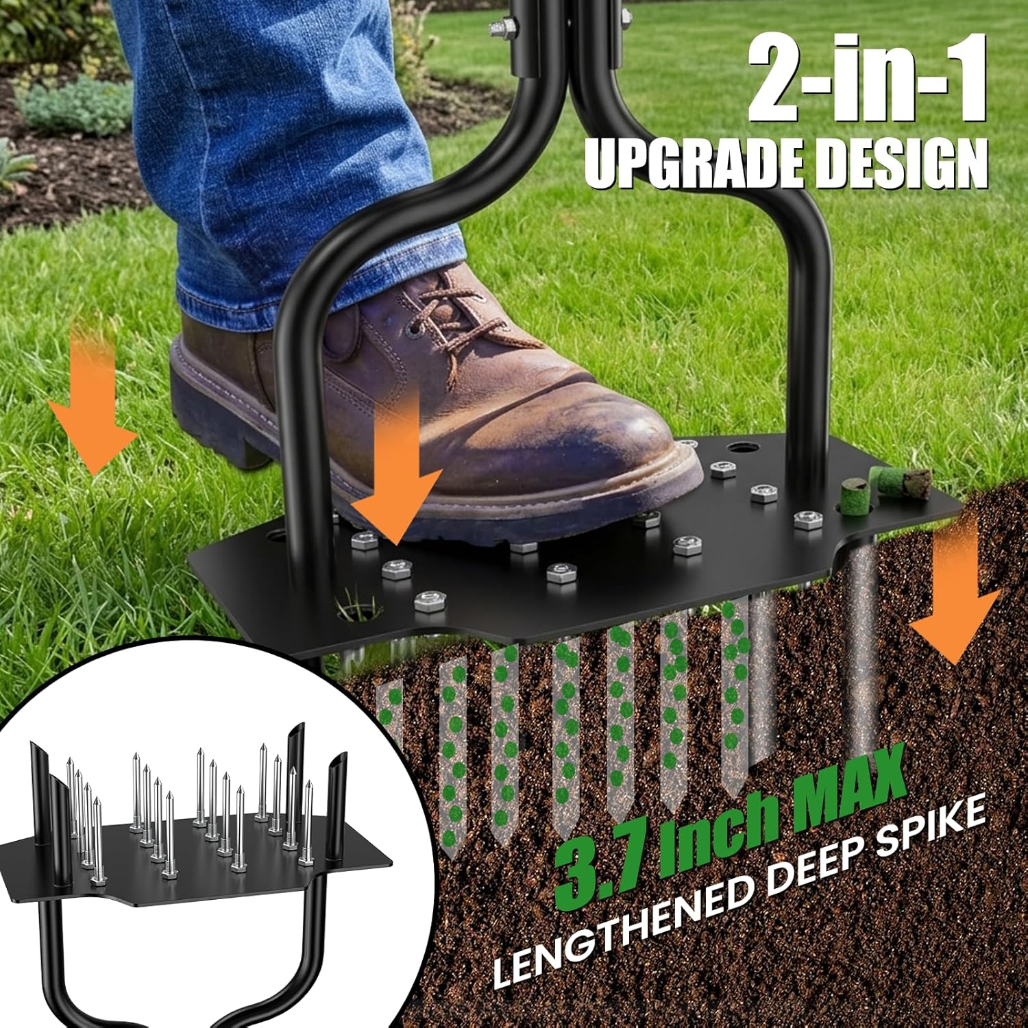 Luvenia Lawn Aerator Tool, 40 Inch Heavy Duty Manual Lawn Aerator, 16 Iron Spikes Metal & 4 Hollow Slots, Upgraded Exhaust Loosening 2-in-1,Garden Cleaning Hand Tool for Yard, Revives Lawn Health