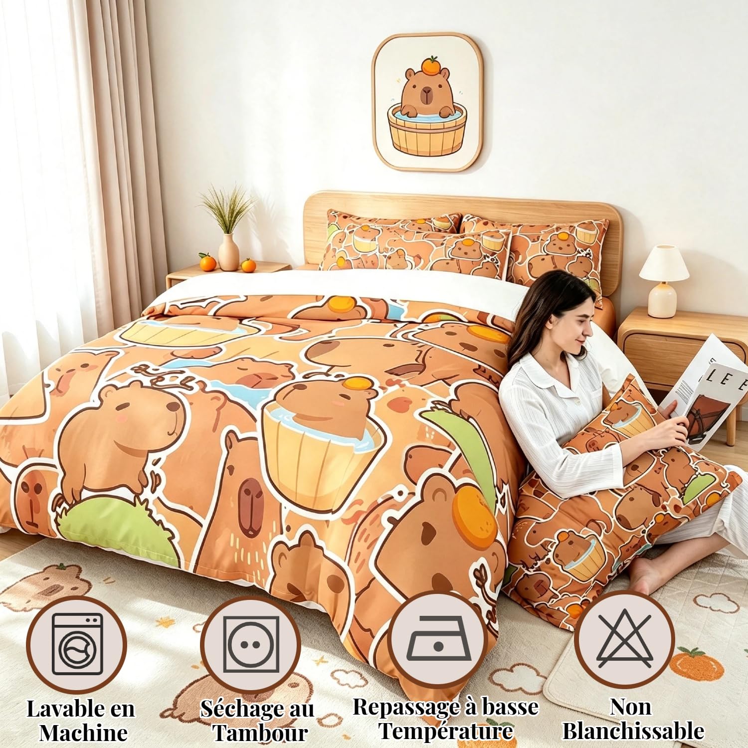 Loussiesd Capybara Bettbezug, 140 x 200 cm, Geschenk für Kinder, Capybara, Bettwäsche, Set für Jungen, Jugendliche, Liebhaber, Capybara-Tierliebhaber, Bettwäsche, Modell Orange, Braun, Bettwäsche-Set