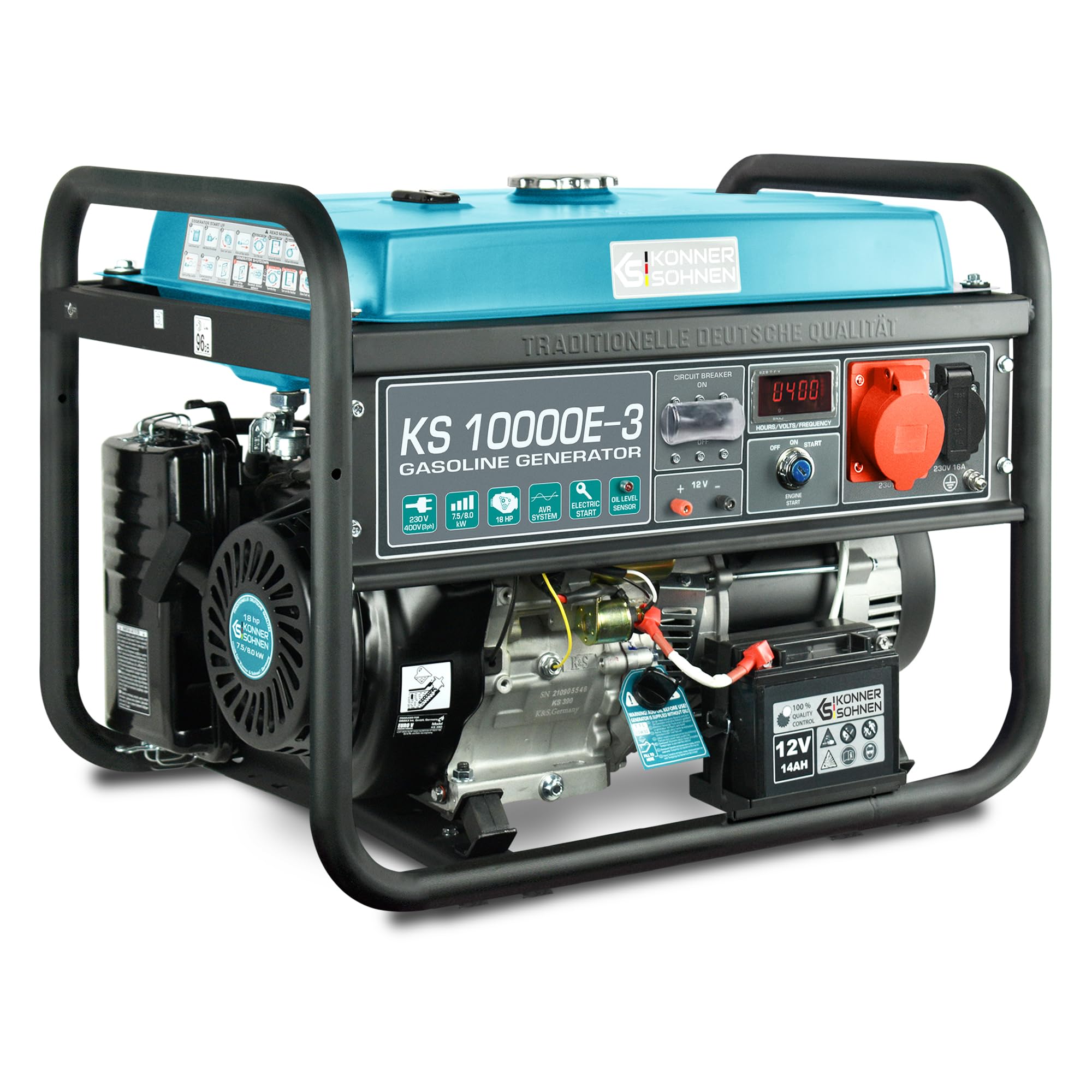 Könner & Söhnen KS 10000E-3 Stromerzeuger, 18 PS 4-Takt Benzinmotor, E-Start, Automatischer Spannungsregler, Anzeige, 1x16A (400V), 1x16A (230V) Generator…