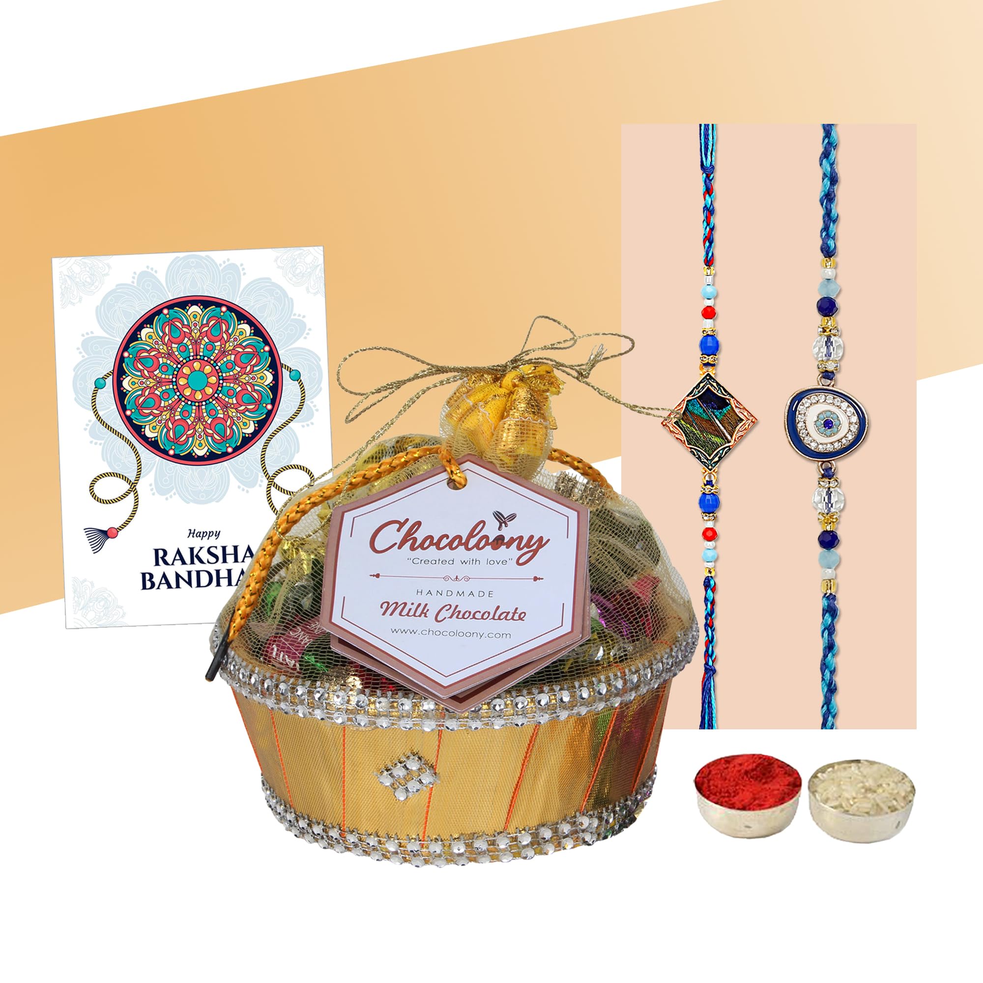 Chocoloony 20 Pcs Milk Chocolates Gift And 2 Designer Rakhi Hamper With Beautiful Basket | Raksha Bandhan Chocolate For Brother |Chocolate Hamper 2 Rakhi For Brother 200 Grams (B0C73PZM66) Amazon Price History, Amazon Price Tracker