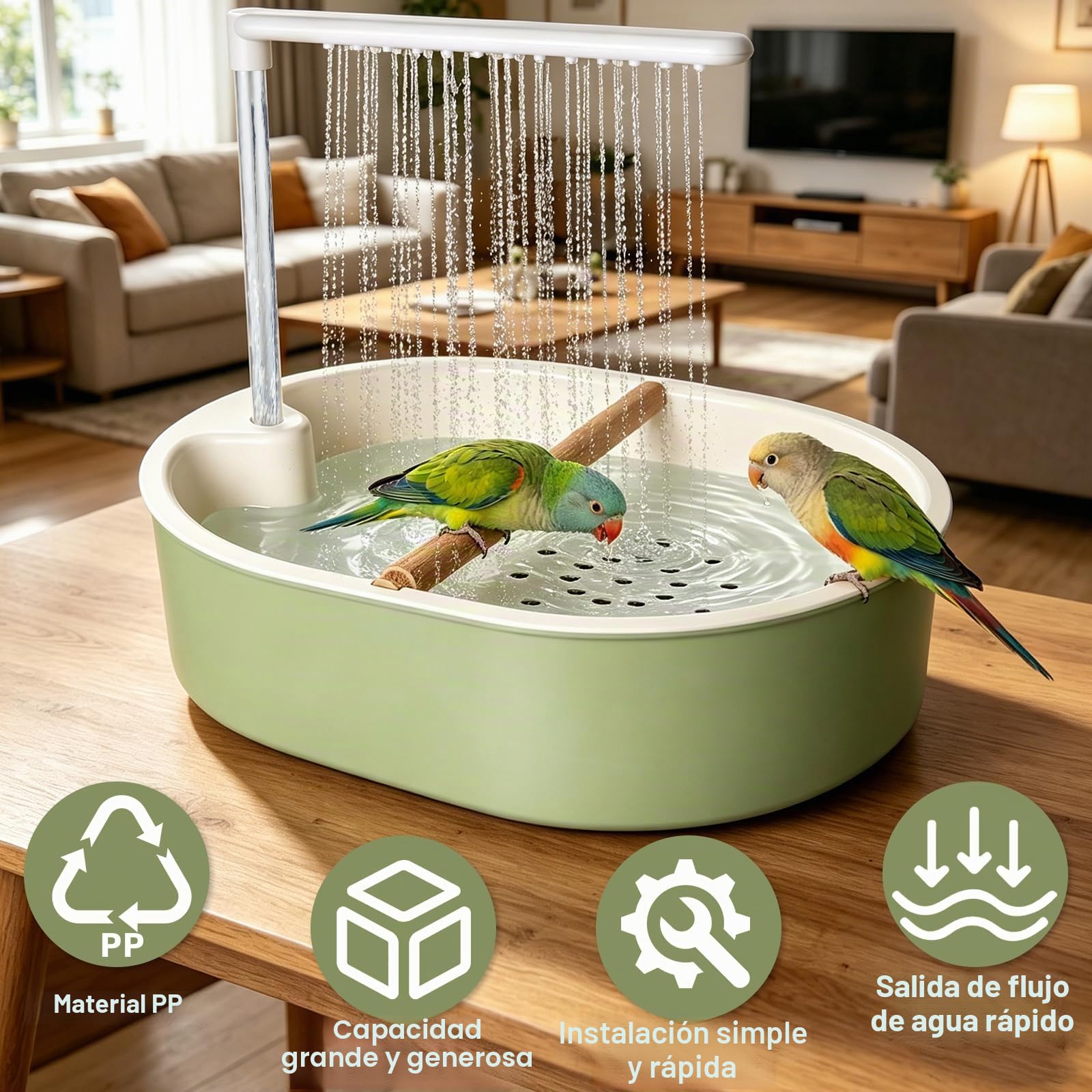 Ducha para Aves con Cascada y Grifo de Circulación, Ducha Automática para Periquitos para Jaula, Baño USB para Aves 32x25cm para Cacatúas, Agapornis y Guacamayos
