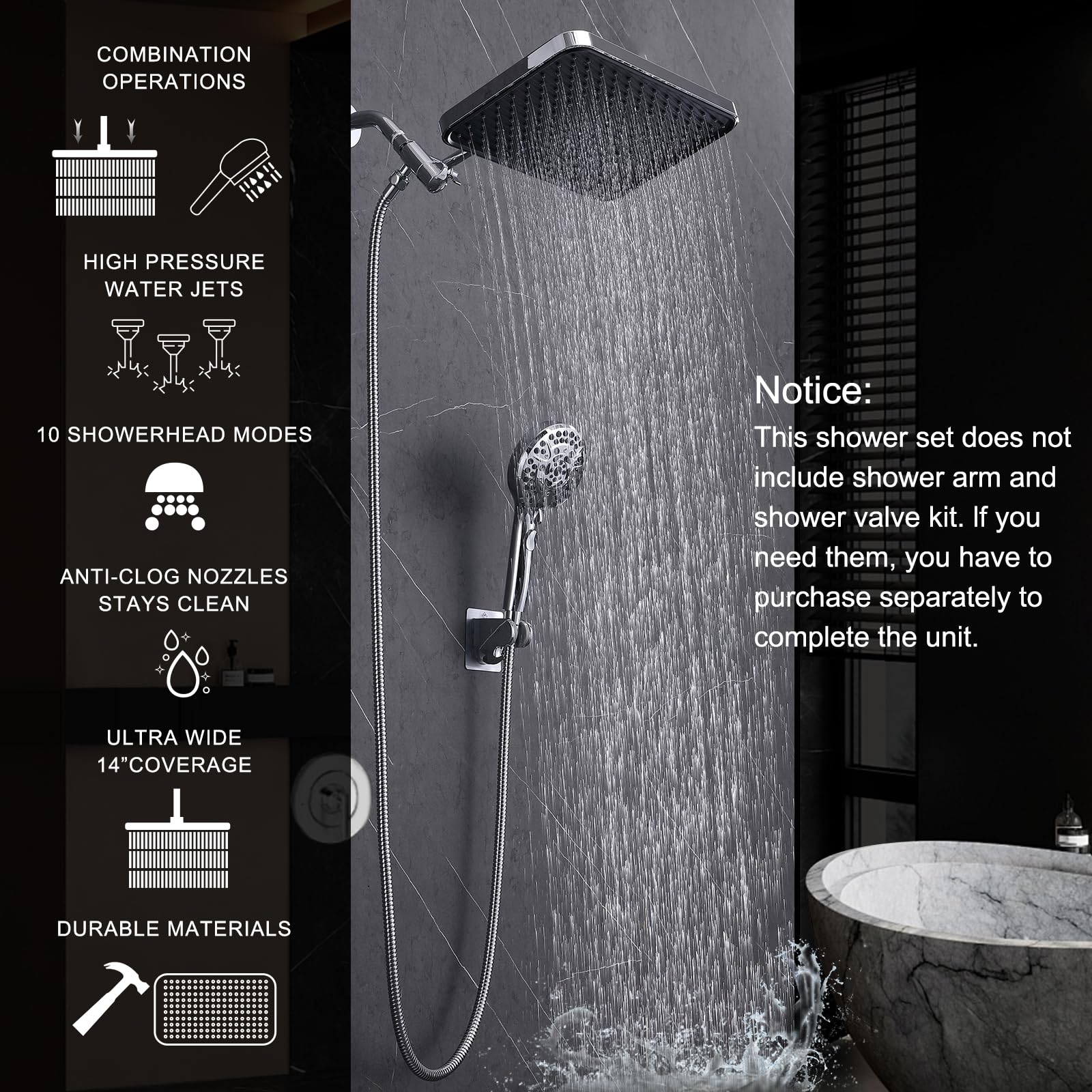 BSTHAONE Handheld Shower Combo, 14 Inch Rain Shower Head with High Pressure Rainfall, 11 Inch Adjustable Extension Arm and 10 Spray Settings Handheld Shower Head,Bathroom Accessories,Chrome