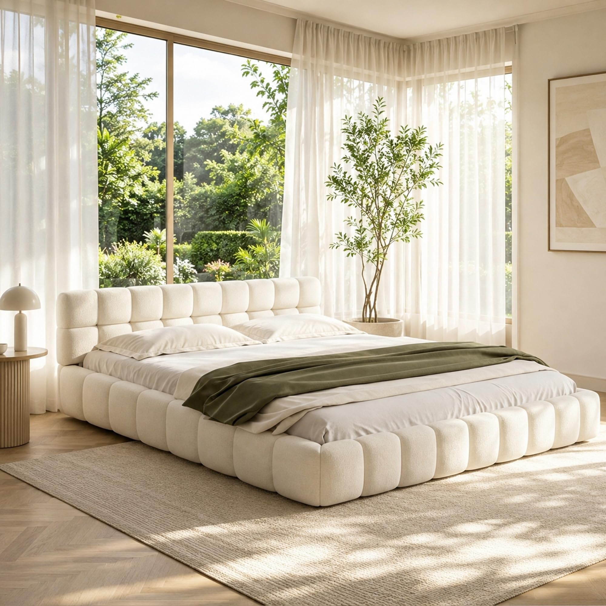 DULRLLY Bubble Bett 140x200, Bett 140x200 mit Lattenrost, Jugendbett mit Gepolstertes Kopfteil, Bettgestell für Schlafzimmer und Gästezimmer, ohne Matratze, Leinenstoff (Beige)