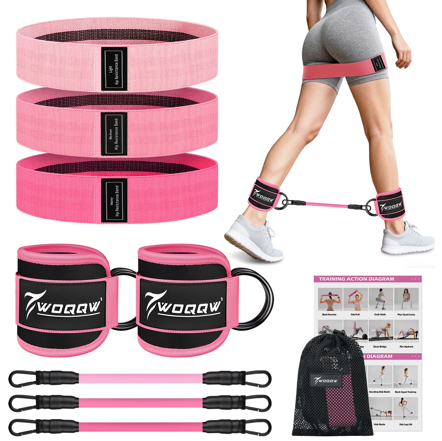 WOQQW Resistance Bands Set - Exercise Bands with Ankle Straps for Legs & Glute Workout, Fabric Booty Bands for Women Men, Home Gym Fitness Equipment for Hip, Pilates, Yoga, Physical Therapy, Stretch