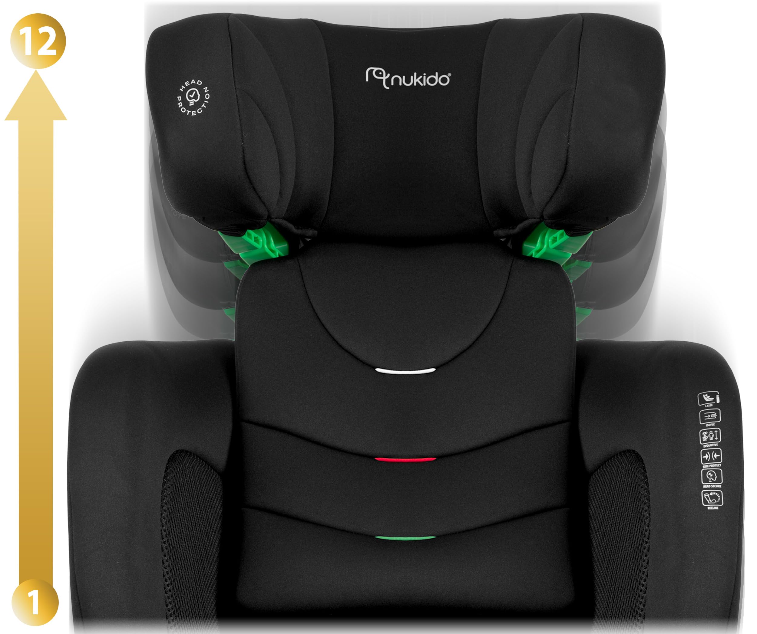 Nukido Kindersitz 15-36 kg Autositz Kinder Kinderautositz i-Size ISOFIX 4 Punkt Sicherheitsgurt 100 Bis 150 cm Einstellung Der Kopfstütze Abnehmbarer Bezug Waschbar 4 Bis 12 Jahre Schwarz