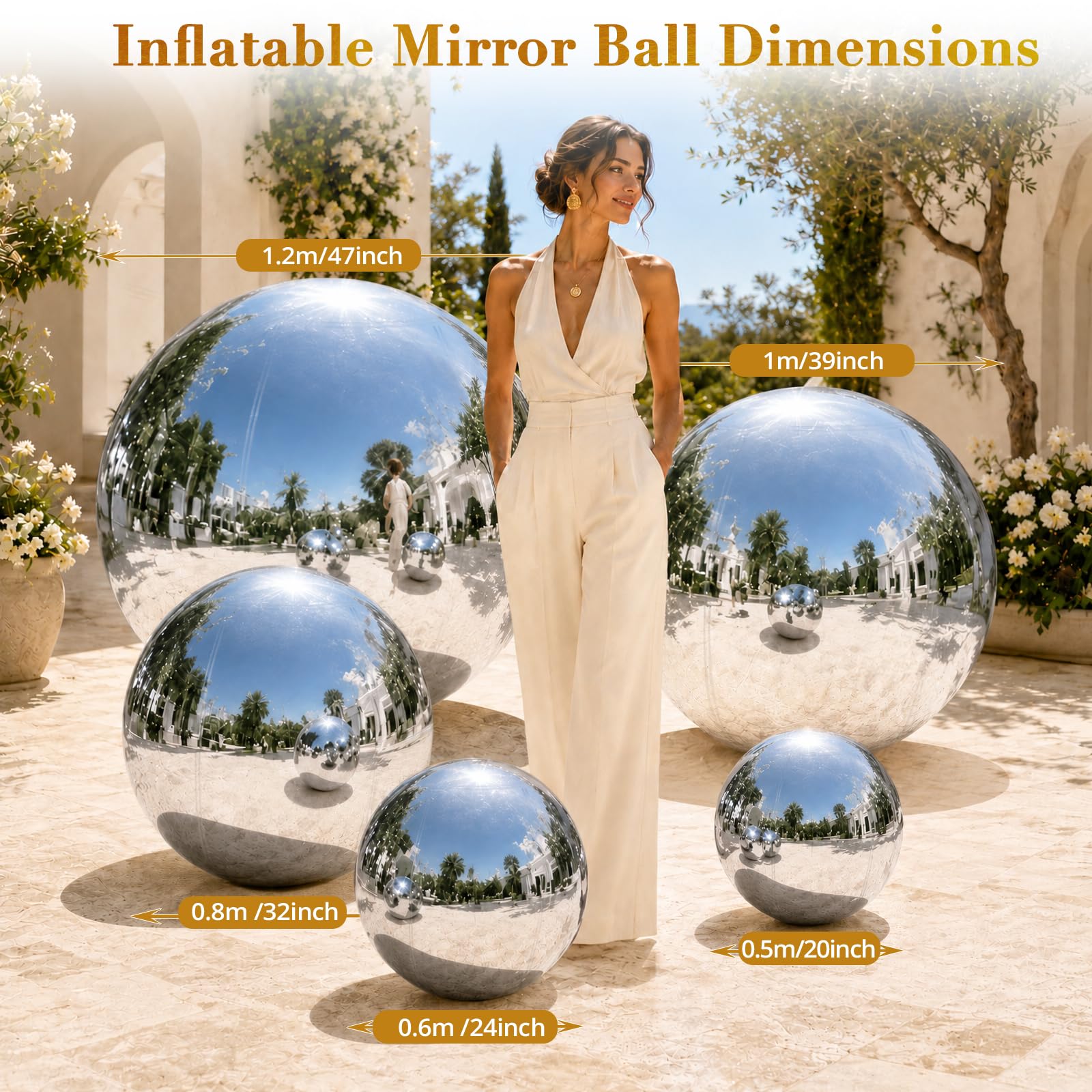 Palloncino gonfiabile a specchio, in PVC, riutilizzabile, grande, per eventi, decorazione per feste, matrimoni, decorazione (1 pezzo, 0,6 m)