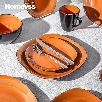 HomeVSS Square Dinner Set, 16 Piece Stoneware Set for 4, Ceramic Plates and Bowls Set with Mug, Dishwasher & Microwave Safe, Chip and Scratch Resistant,Swirl Orange and Black