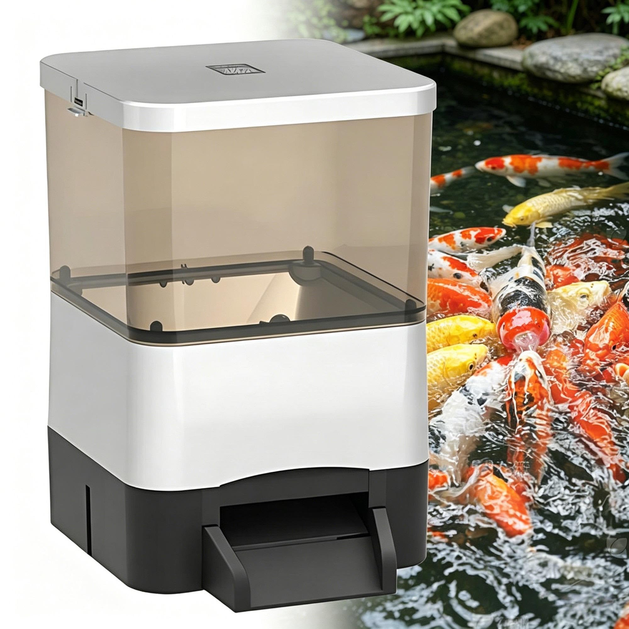 FBJAMZ Moisture-Proof Outdoor Koi Fish Feeder 10 L, Adjustable Feeding from 1 to 12 Times per Day, Solar-Powered with Battery Storage, Rainproof and Sunproof