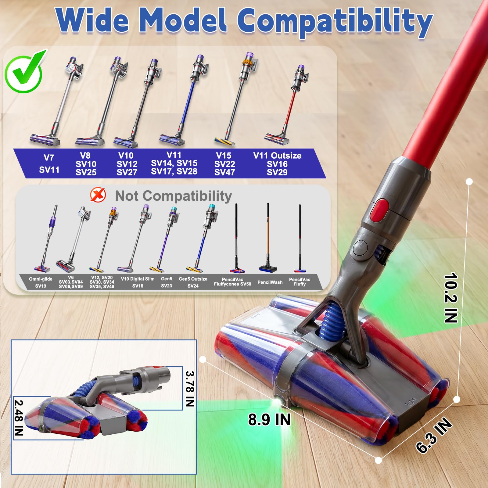 Fluffycones - Cabezal limpiador de piezas de repuesto para aspiradoras inalámbricas Dyson V7 V8 V11 Animal V15 Detect V10 Cyclone, doble luz verde LED antienredos, accesorios de aspiradora de