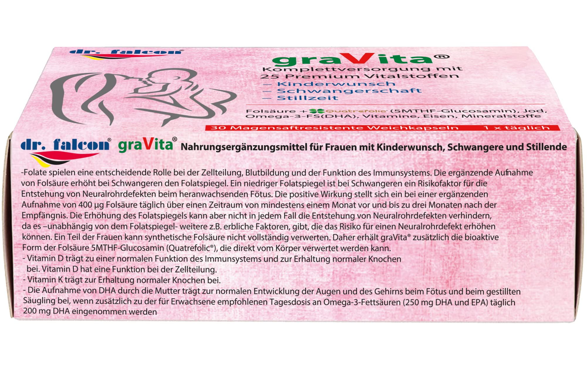 graVita – 25 Nährstoffe für Kinderwunsch, Schwangerschaft und Stillzeit - 30 Kapseln | enthält Folsäure, Quatrefolic, Omega-3, DHA, Vitamin D3 + K2, Jod, Eisen, Selen