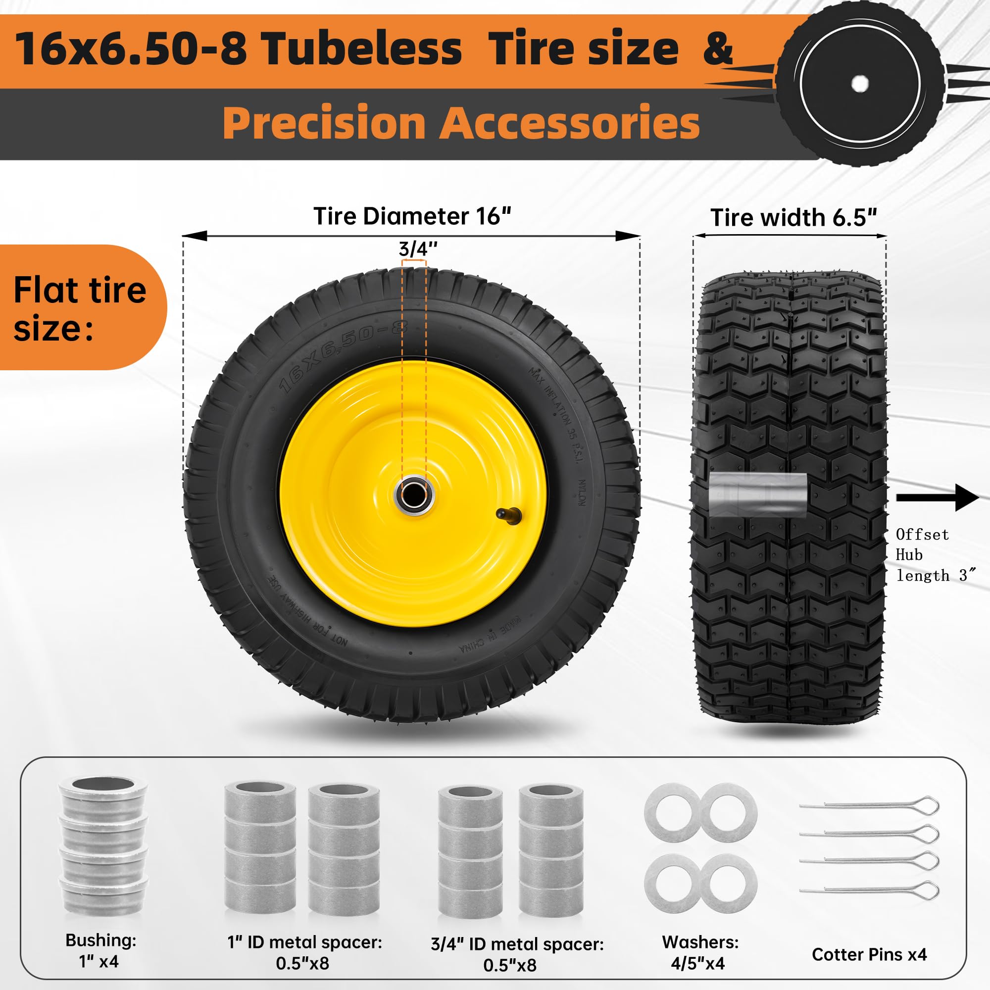 2 piezas de 16 x 6.50-8 sin cámara para cortacésped delantero y rueda para la mayoría de cortacéspedes