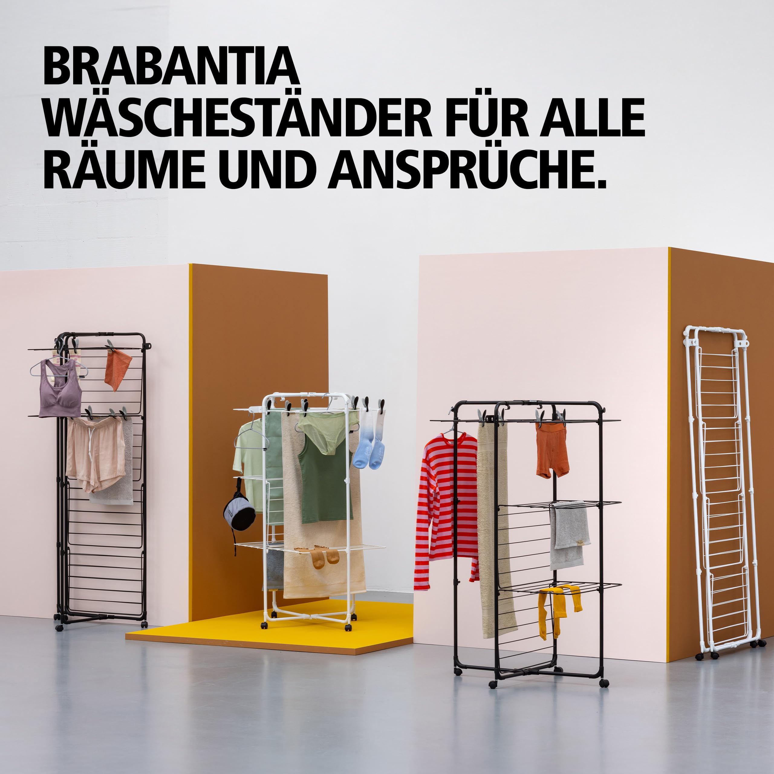 Brabantia HangOn Tower Drying Rack, 23 m (weiß), Turmwäscheständer klappbar, platzsparender Standtrockner mit Rollen und Aufhängehaken