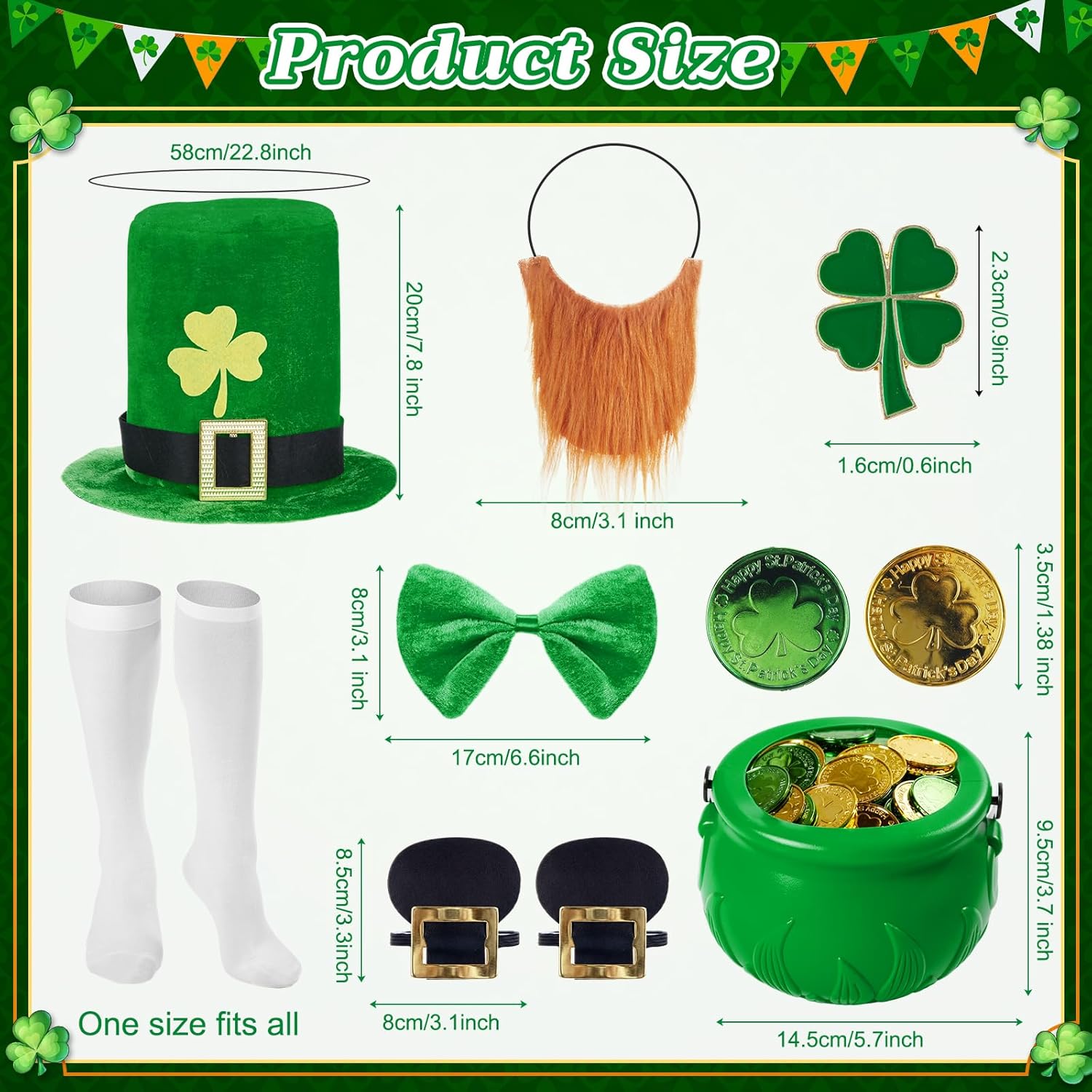 Shihanee 9 Pcs St. Patrick's Day Leprechaun Costume Outfit Men Suit Hat Beard Bow Tie Brooch Socks Shoes Buckle Pot 100 Coins - Image 3