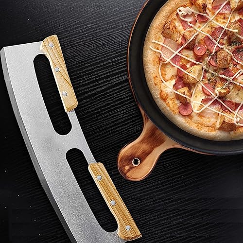 Miniatura 4 de Cortador de pizza de 14 pulgadas, picador Mezzaluna, picador de ensalada Mezzaluna, cuchillo balancín cortador de pizza con mango de madera,