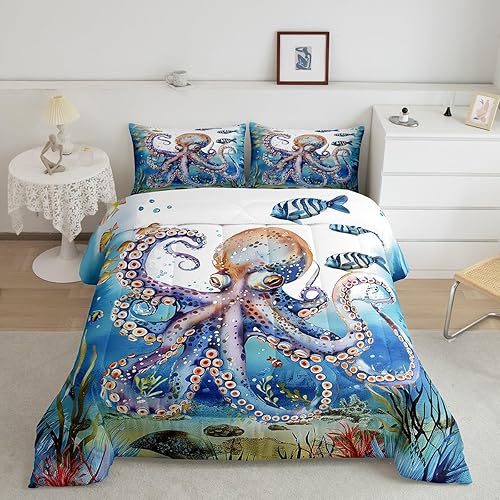 Miniatura 18 de Erosebridal Juego de edredón de ballena náutica, tamaño matrimonial, juego de ropa de cama retro azul con ondas oceánicas para niños y niñas, Negro