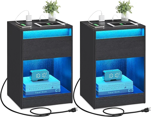 VASAGLE Set of 2 LED Nightstands with Charging Station, Adjustable Colors, 2 AC Outlets, 2 USB Ports, Bedside Tables, Side Tables with Drawer, 13.8 x 15.7 x 21.7 Inches, Ebony Black ULET918T21